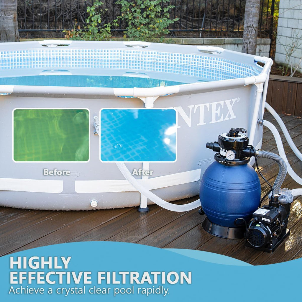 XtremepowerUS High-Flo Sand Filter Pump System 13' Filter Tank 10,000 Gallons for Above Ground Swimming Pool 3/4HP Pool Pump 2400GPH High Flow Fitting Adapter