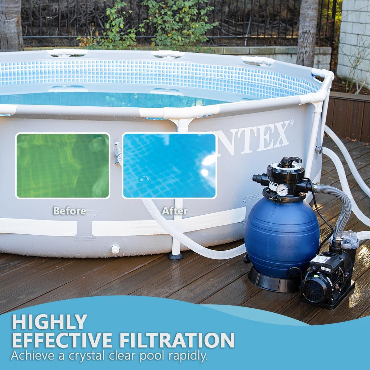 XtremepowerUS High-Flo Sand Filter Pump System 13' Filter Tank 10,000 Gallons for Above Ground Swimming Pool 3/4HP Pool Pump 2400GPH High Flow Fitting Adapter