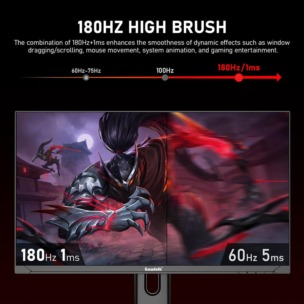 Gawfolk 27 inch 2K QHD(2560×1440) PC Screen, 180Hz Gaming Monitor, 1ms Without Bezel, FreeSync,100% sRGB, 178° Wide Viewing Angle, HDMI2.0 & DisplayPort 1.4, 75 * 75MM Wall Mount Compatible- Black