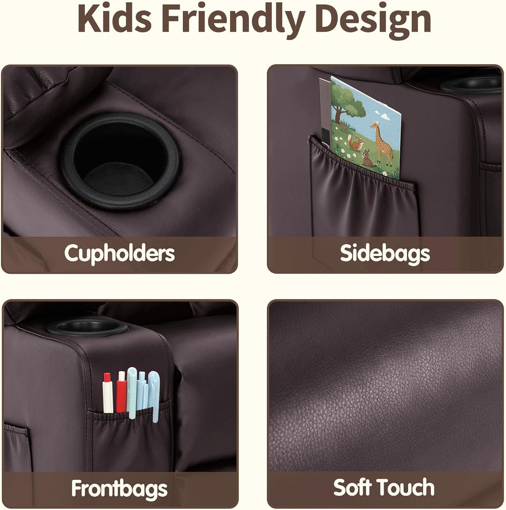 MCombo Big Kids Recliner for Ages 3+, Child Reclining Chair, Toddlers Recliner Sofa with Cup Holders, Faux Leather, 7322(Dark Brown)