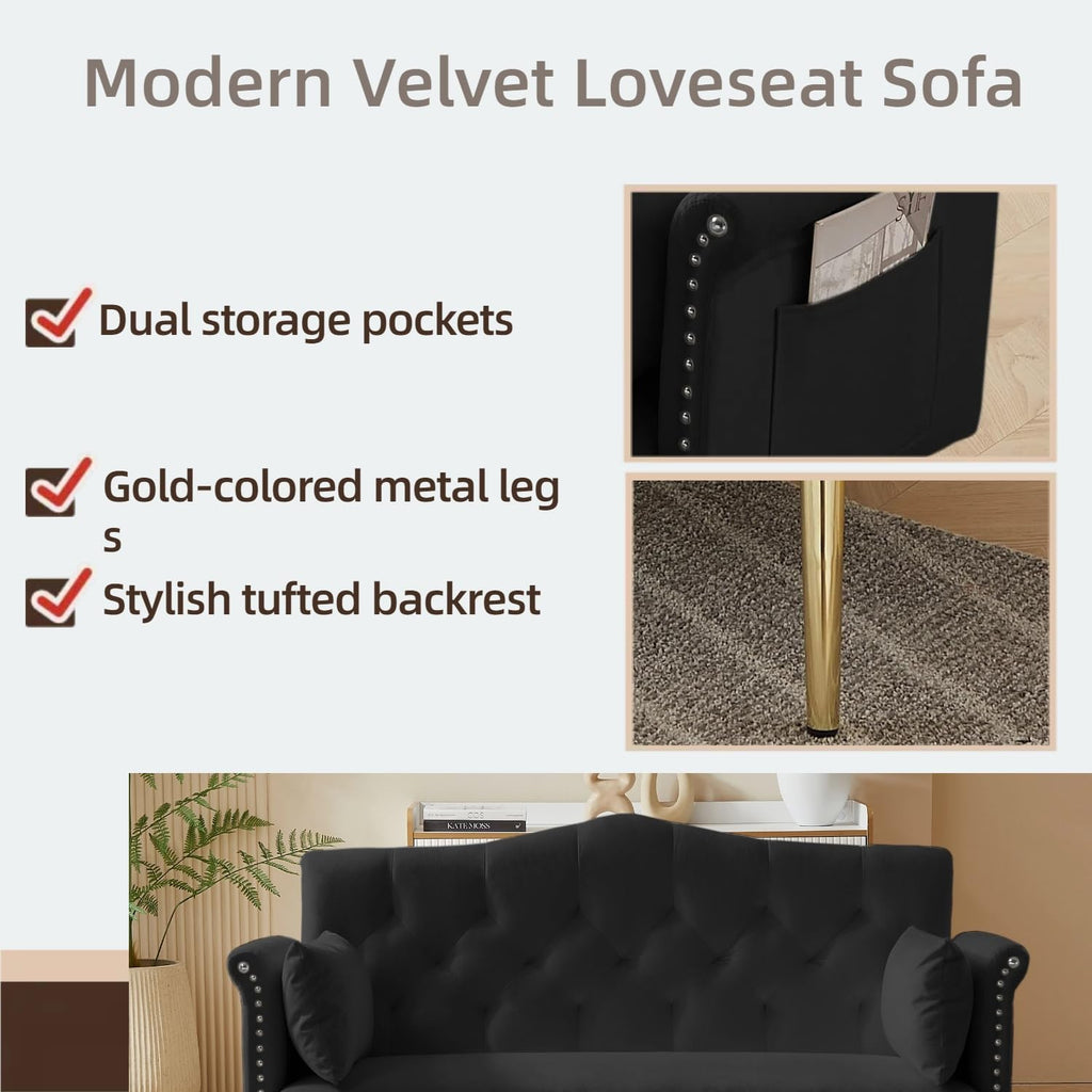 oaaktu Small Velvet Loveseat Sofa with Gold Metal Legs,55-inch Modern Sofa Couch with 2 Side Pockets,Couch with Tufted Backrest for Living Room Bedroom Office (Black)