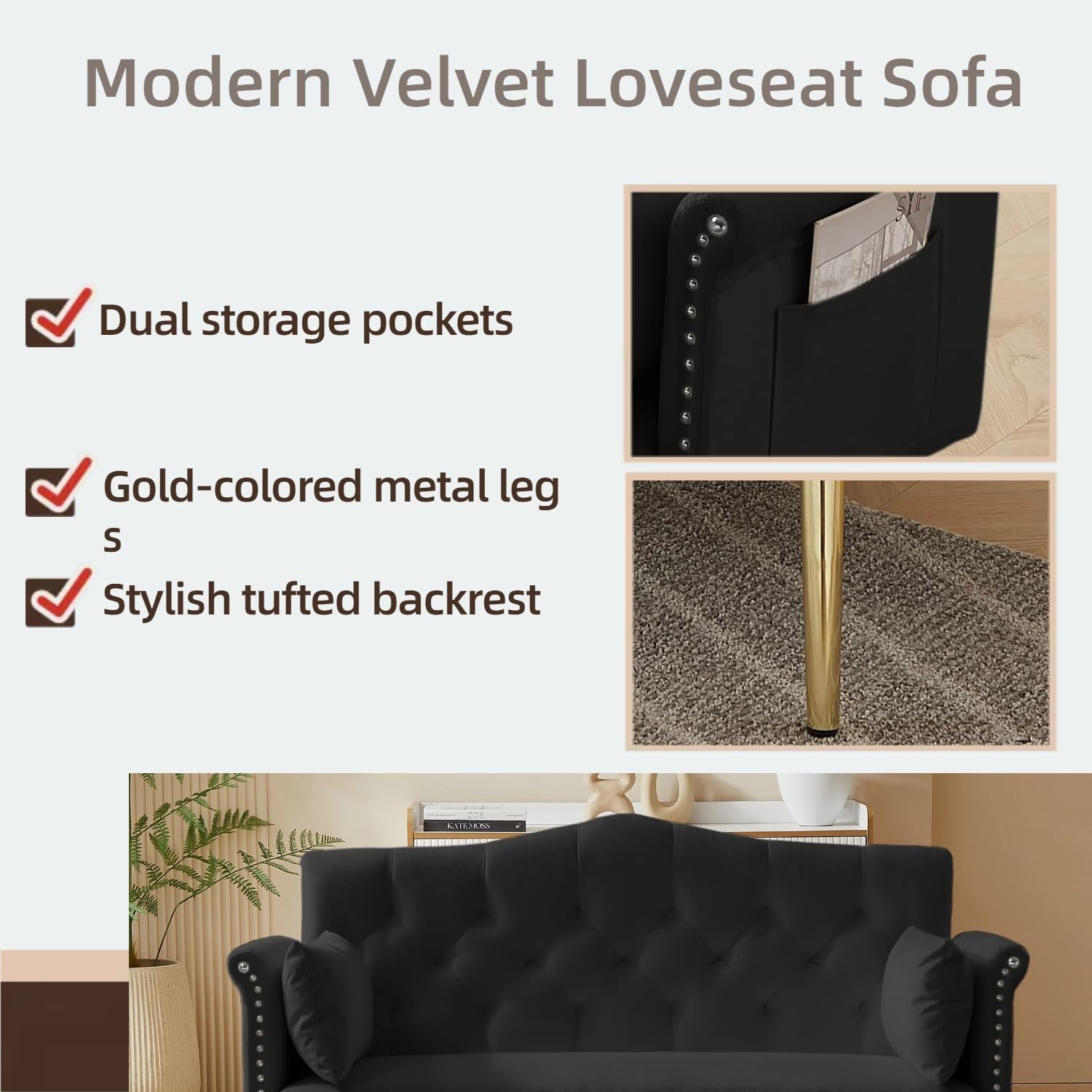oaaktu Small Velvet Loveseat Sofa with Gold Metal Legs,55-inch Modern Sofa Couch with 2 Side Pockets,Couch with Tufted Backrest for Living Room Bedroom Office (Black)