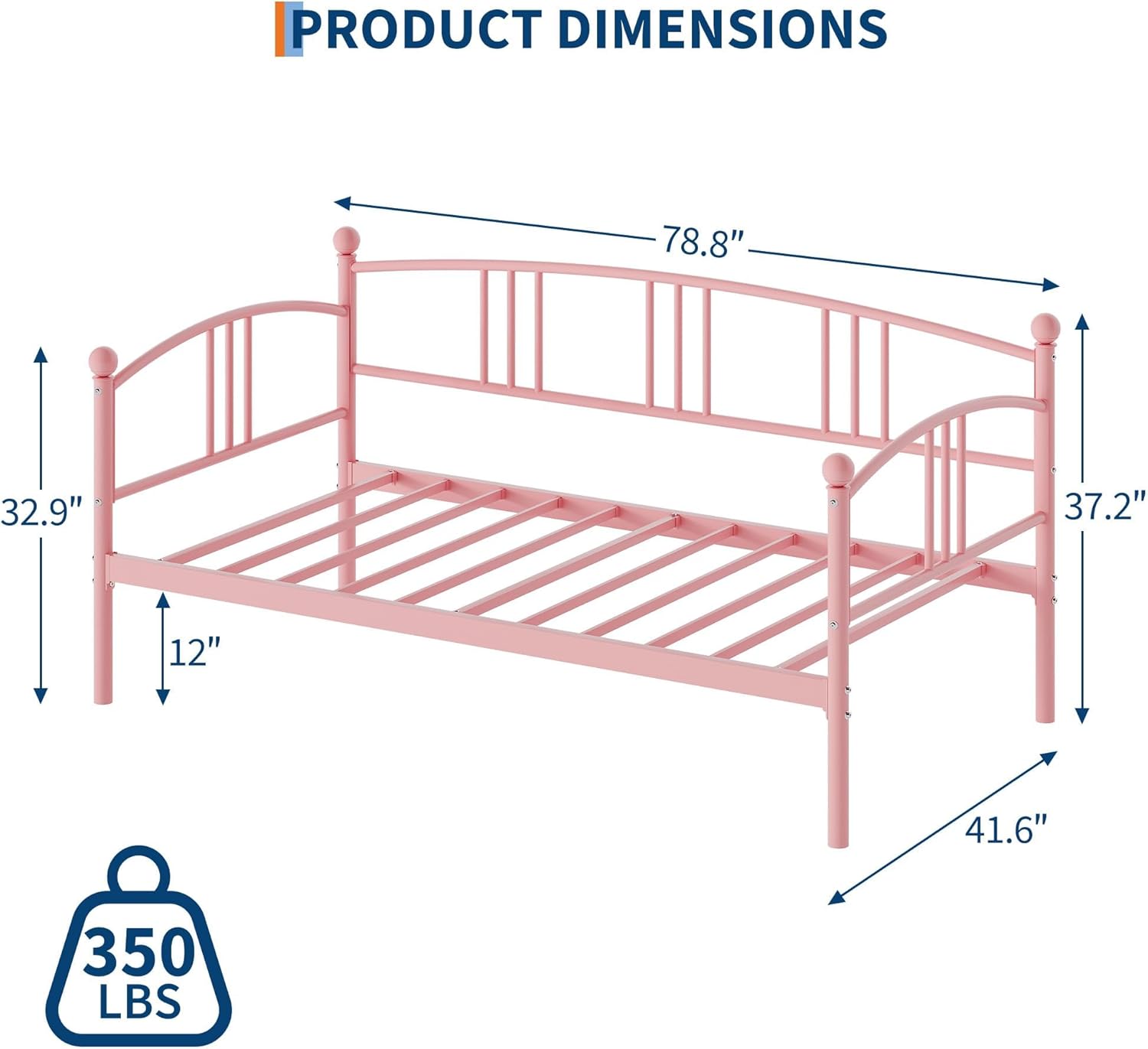 IDEALHOUSE Twin Daybed Without Trundle, Metal Twin Size Daybed, Steel Slat Support Sofa Bed for Living Room, Bedroom, Guest Room (Pink-Without Trundle)