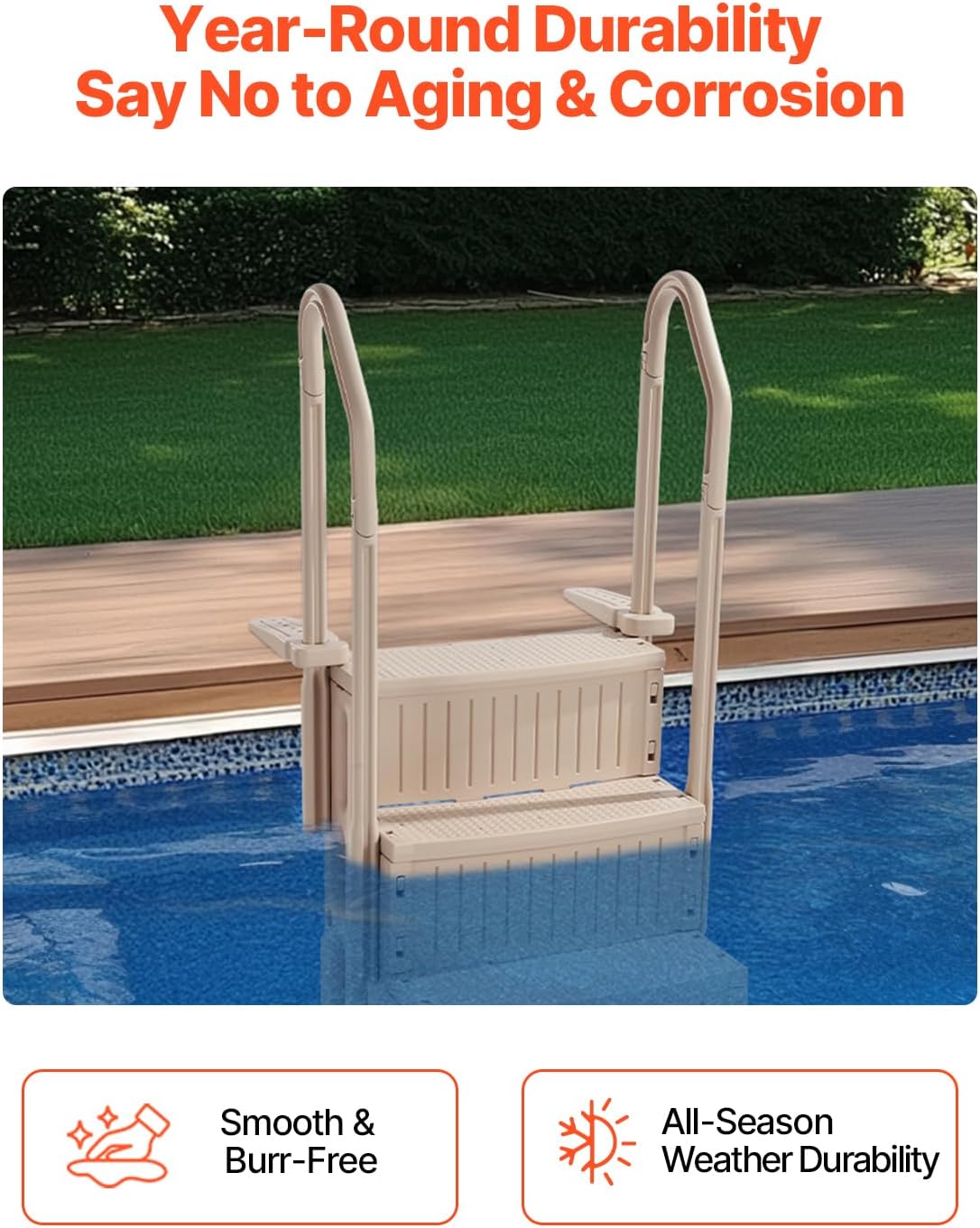 VEVOR Swimming Pool Ladder, 3-Step Double Handrails Stairs with Non-Slip Heavy Duty Steps, Max Load Capacity 400 lbs, for 36-48 Inch Inground & Above-Ground Pools of Any Decking Surface, Taupe