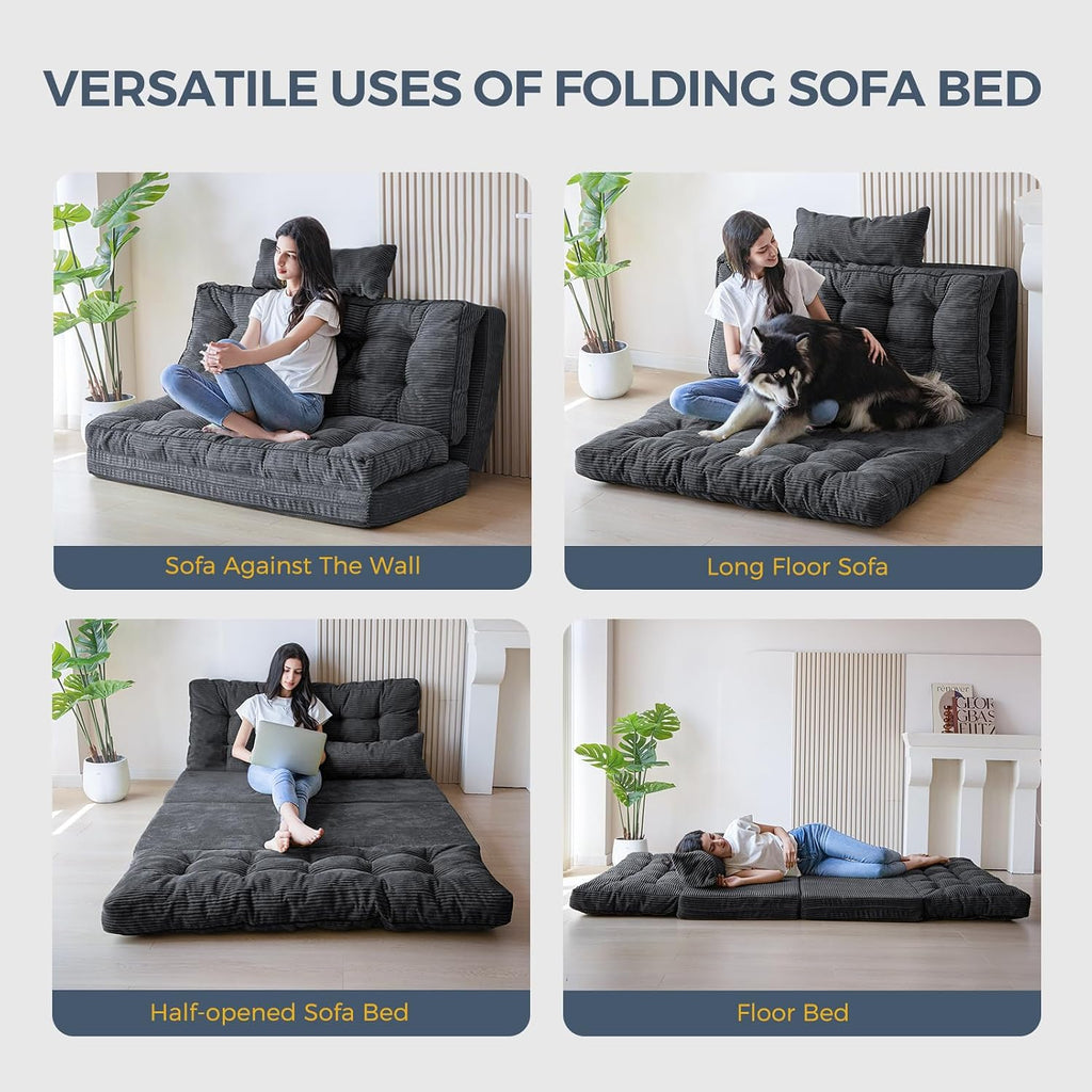 MAXYOYO Folding Sofa Bed, Tufted Bean Bag Bed with Pillows Floor Mattress for Adults, Extra Thick and Long Floor Sofa, Twin Couch Bed for Bedroom Living Room, Dark Grey, 39x91 Inch