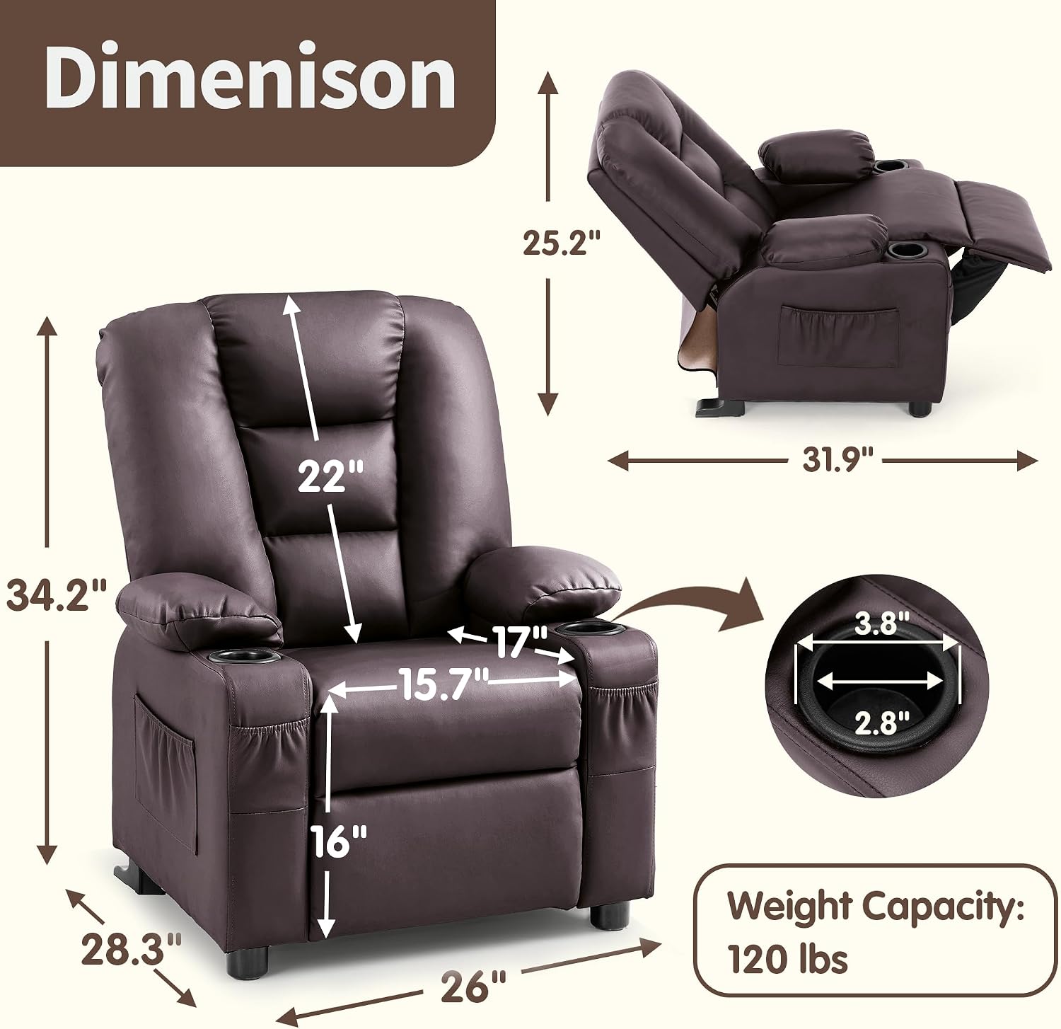 MCombo Big Kids Recliner for Ages 3+, Child Reclining Chair, Toddlers Recliner Sofa with Cup Holders, Faux Leather, 7322(Dark Brown)