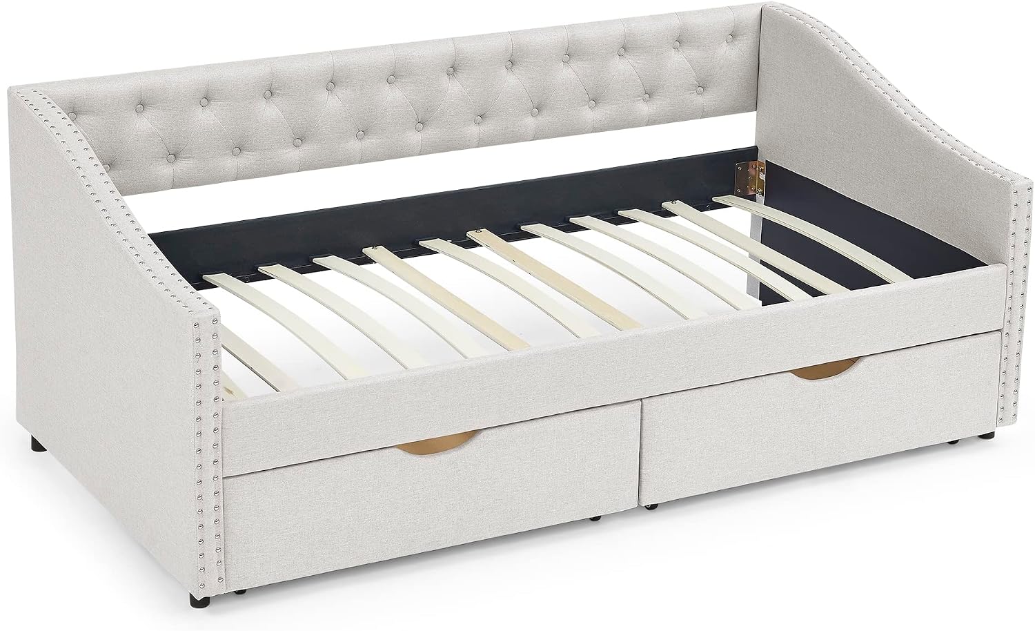KEIKI Twin Size Upholstery Daybed with 2 Drawers and Headboard, Mid-Century Style Tufted Sofa Bed with Button on Back, Easy Assembly, No Box Spring Required, for Living Room and Bedroom, Beige