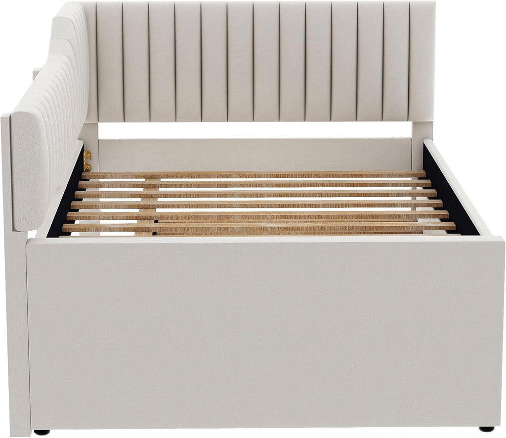 Merax Full Size Upholstered Wood Daybed Extendable Sofa Bed with Trundle and Three Storage Drawers for Living Room Guest Room, Beige
