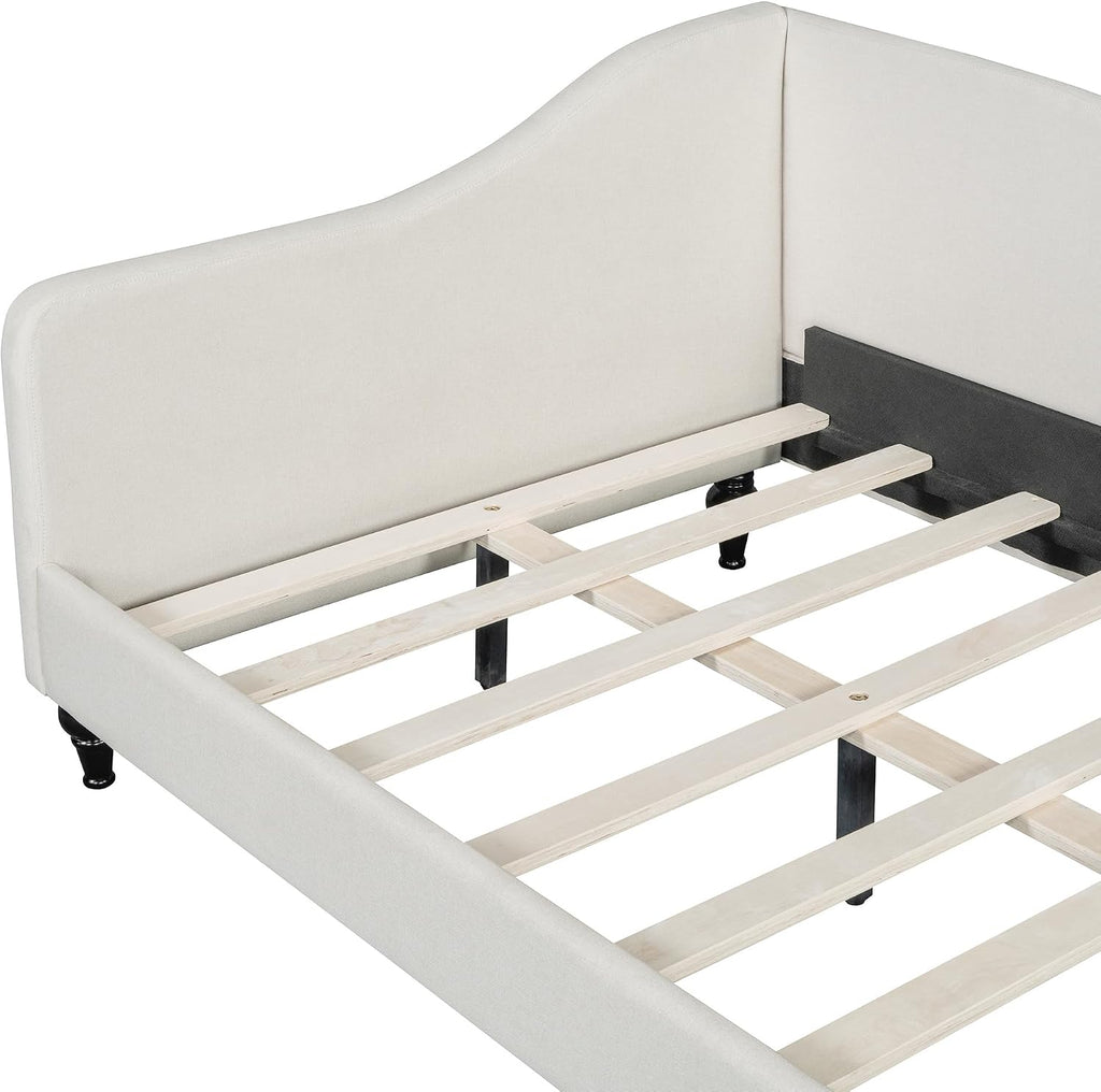Merax Twin Size Bed Frame Daybed, L-Shaped Linen Corner Sofa with Solid Wood Legs for Living Room & Guest Room, No Box Spring Needed, Beige