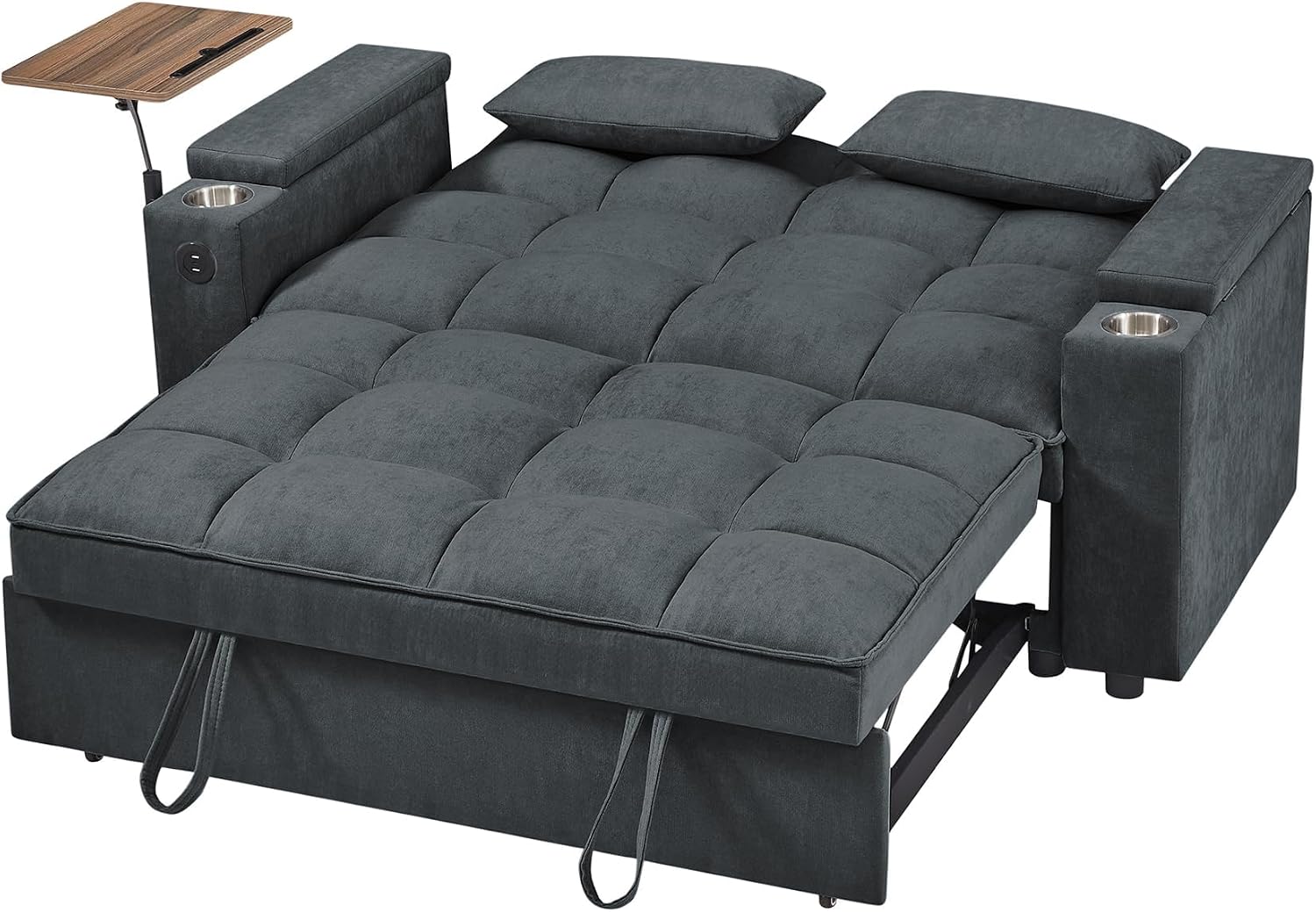 Auvsoce 65'' Convertible Sleeper Sofa Bed with Adjustable Backrest, Chaise Lounge, Side Table & USB/Type-C Ports – Stylish & Functional Addition to Any Living Room (Drak Grey)