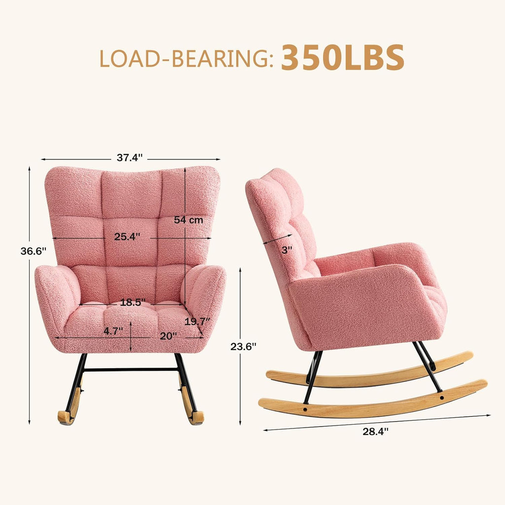 Furniliving Nursery Rocking Chair Upholstered Glider Rocking Chair Modern Accent Chair Padded Seat Reading Chair with High Backrest Comfy Chair for Living Room, Bedroom, Nursery, Pink, Teddy