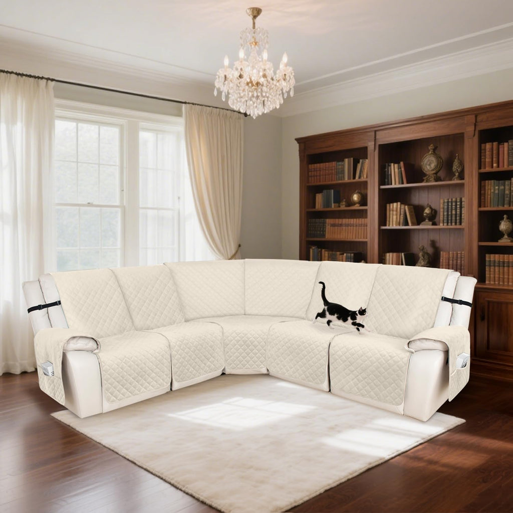 HDCAXKJ 100% Waterproof Velvet Recliner Sectional Couch Covers L Shaped Corner Reclining Sofa Cover Washable Thick Non Slip Sectional Slipcover with Pockets (5 Seat Recliner Couch, Beige)