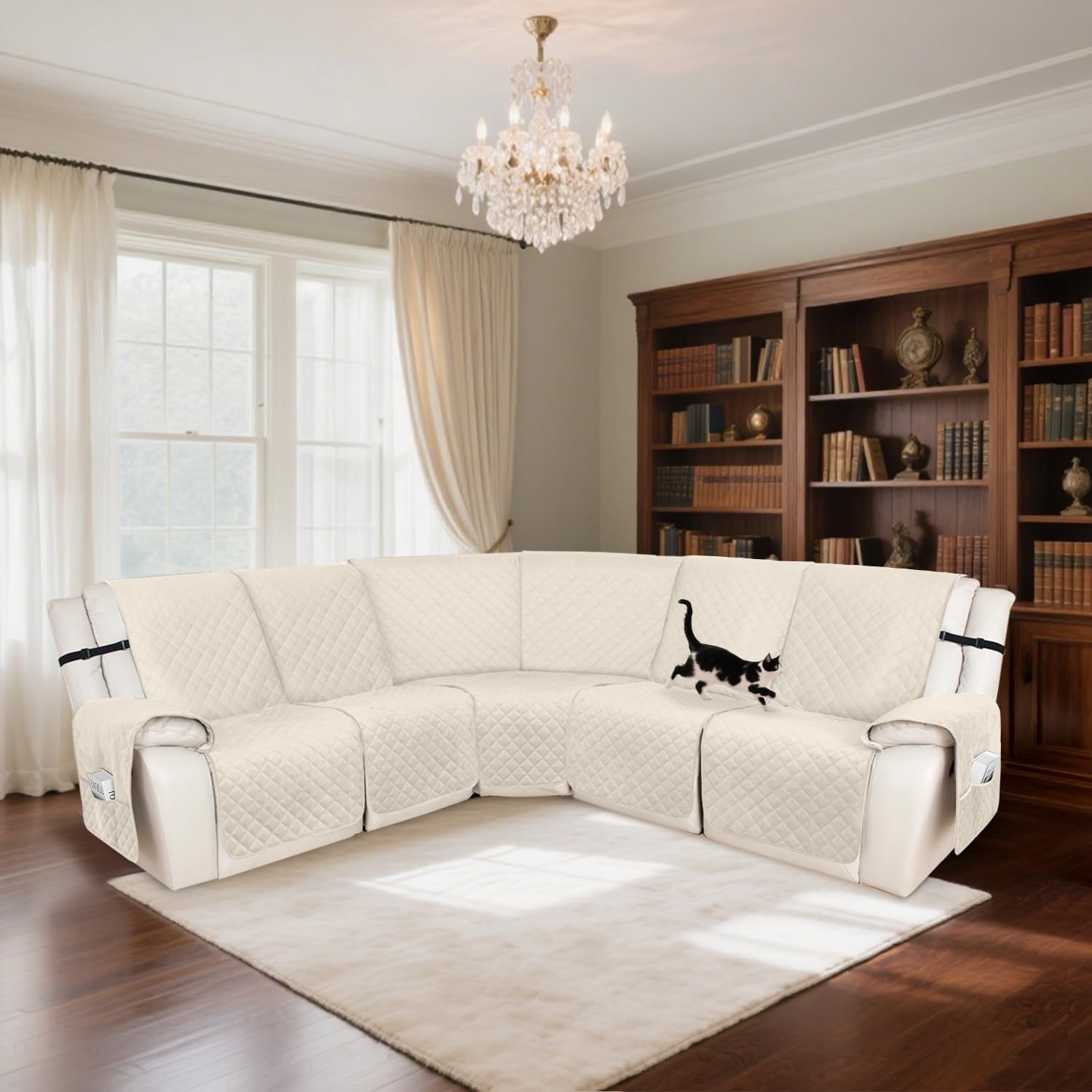 HDCAXKJ 100% Waterproof Velvet Recliner Sectional Couch Covers L Shaped Corner Reclining Sofa Cover Washable Thick Non Slip Sectional Slipcover with Pockets (5 Seat Recliner Couch, Beige)