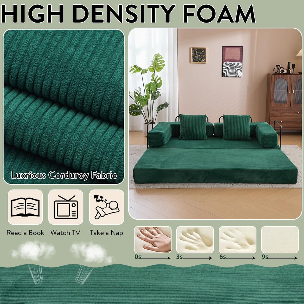 4-in-1 Convertible Folding Sleeper Sofa Bed, Fold Out Floor Sofa Couch with Fixed-Shape Frame, Cloud Corduroy Foldable Mattress Couch for Living Room Bedroom (78.5' Corduroy, Dark Green)