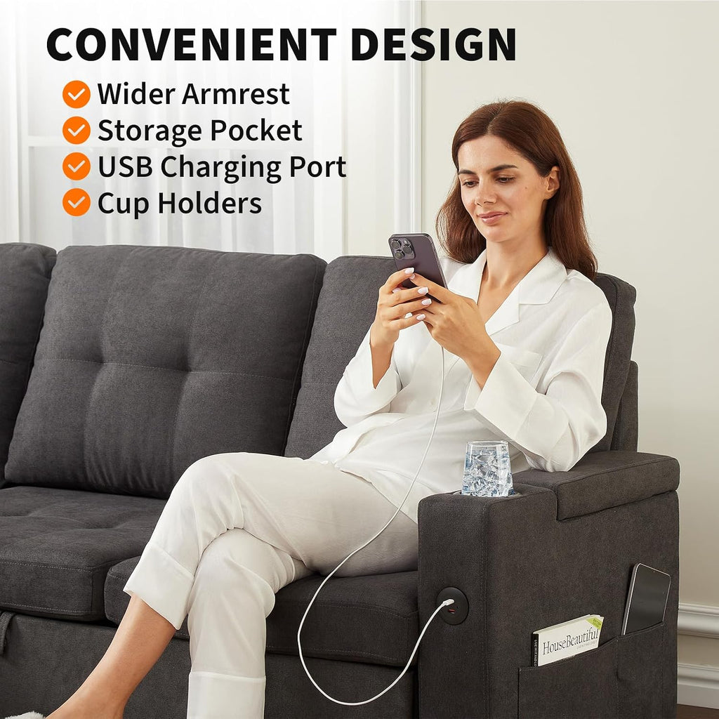 IDEALHOUSE Couches for Living Room, 84'' Sofa Bed，l-Shaped Sectional Sleeper Sofa with Pull Out Bed，Reversible Storage Chaises， Hidden Storage Armrests，Cup Holders & USB Charging Ports