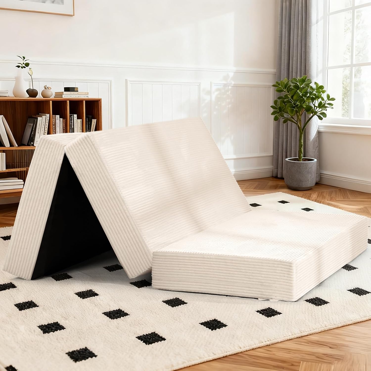 6-Inch Tri-Fold Foldable Mattress, Folding Sofa Bed with Removable Washable Cover, Portable Futon Mattress Full Size Floor Guest Mat with Non-Slip Bottom & Carry Handles for Camping (Beige, Full)