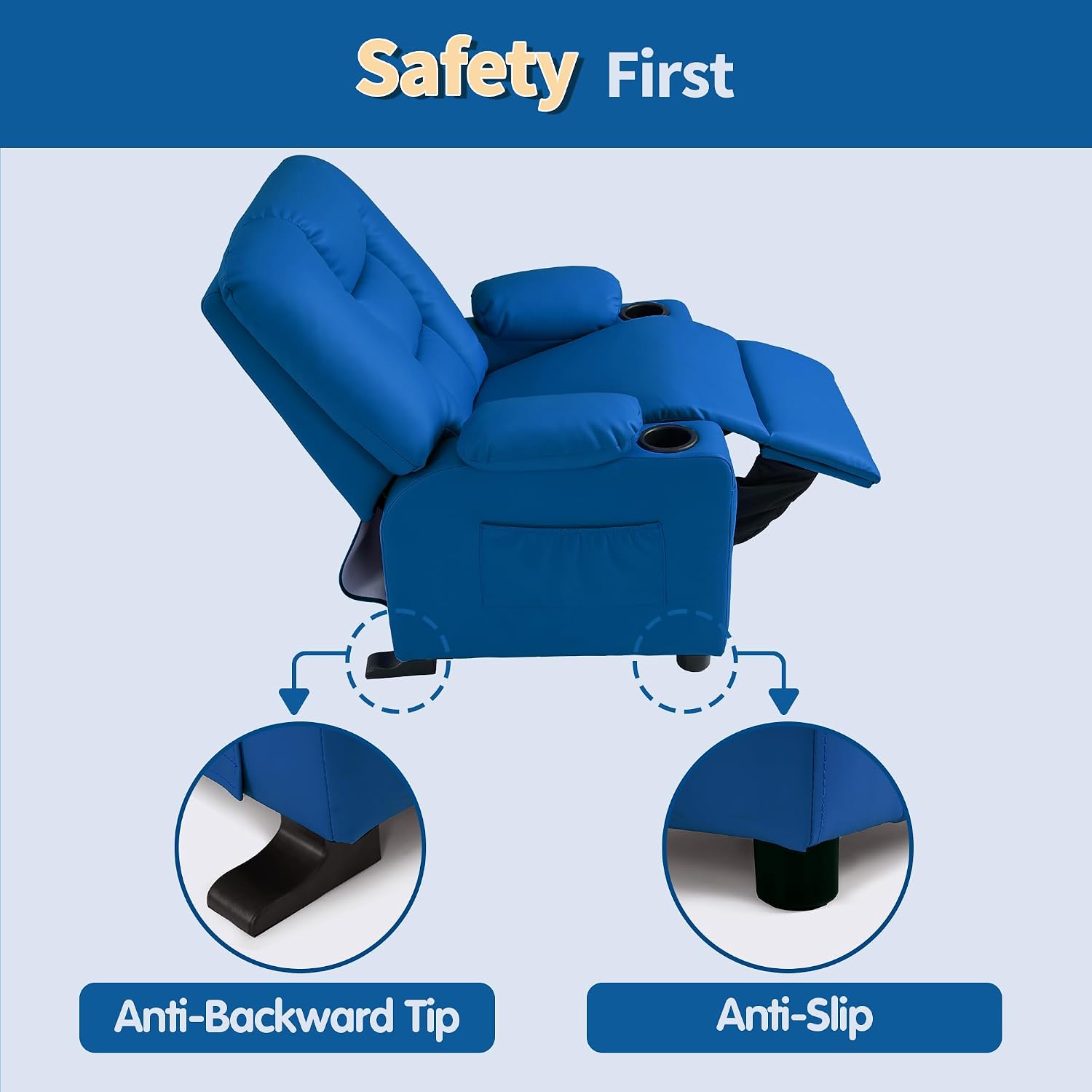 MCombo Big Kids Recliner for Ages 3+, Child Recliner Chair, Toddlers Recliner Sofa with Cup Holders, Faux Leather, 7322(Blue)