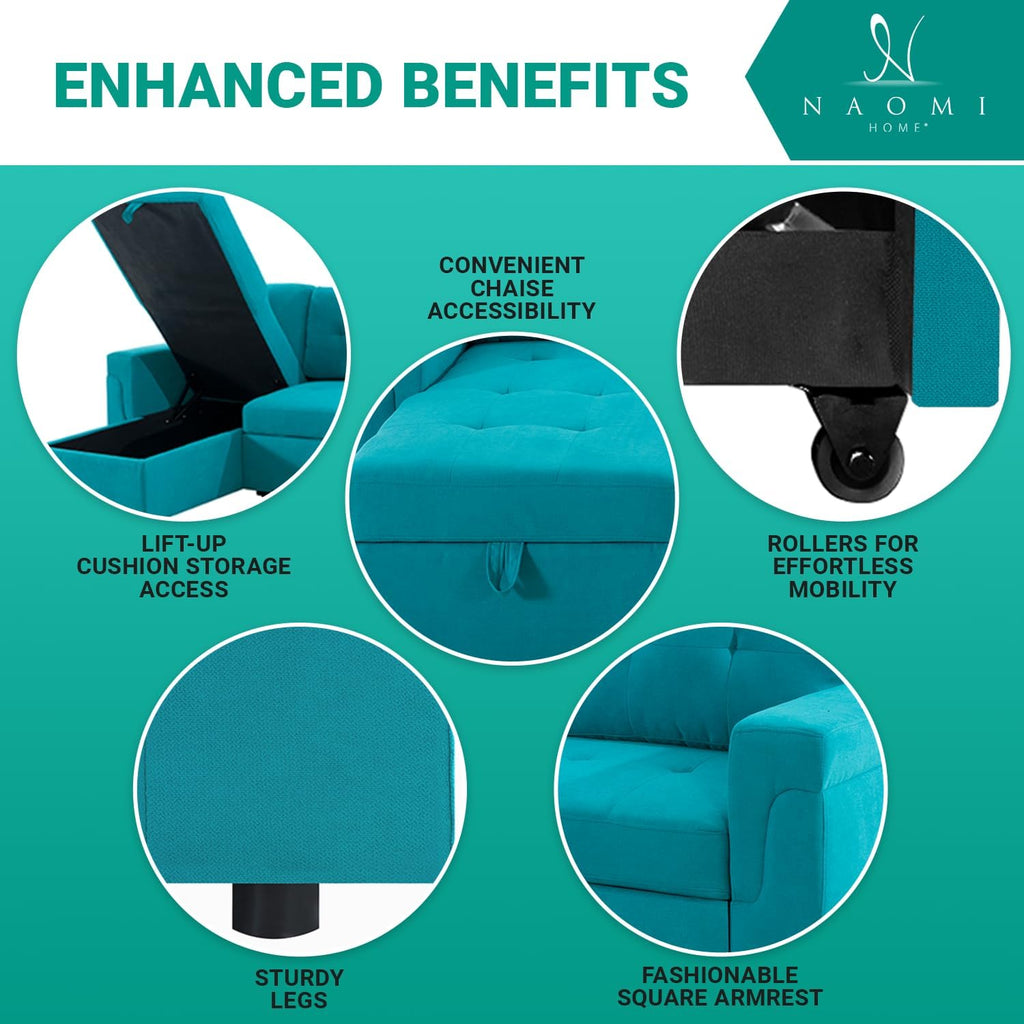 Naomi Home L Shaped Sectional Couch with Storage & Pull Out Bed – 3-in-1 Convertible Sleeper Sofa Bed, Small L Shape Sofa for Living Room, Sofa Bed with Storage Chaise in Teal, Velvet