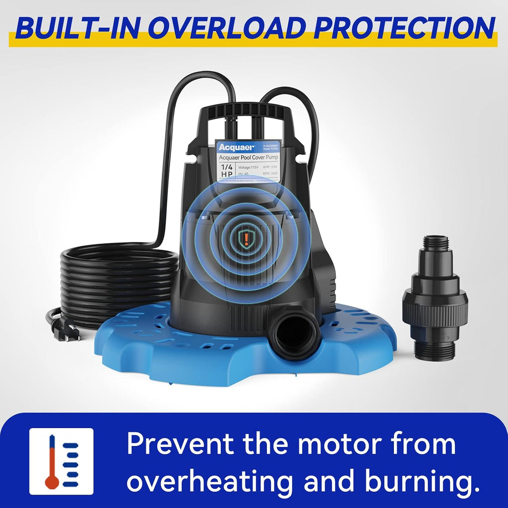 Acquaer 1/4 HP Automatic Swimming Pool Cover Pump, 2250 GPH Submersible Sump Pump with 3/4' Check Valve Adapter & 25ft Power Cord, Water Removal for Pool, Hot Tubs, Rooftops, Water Beds and more