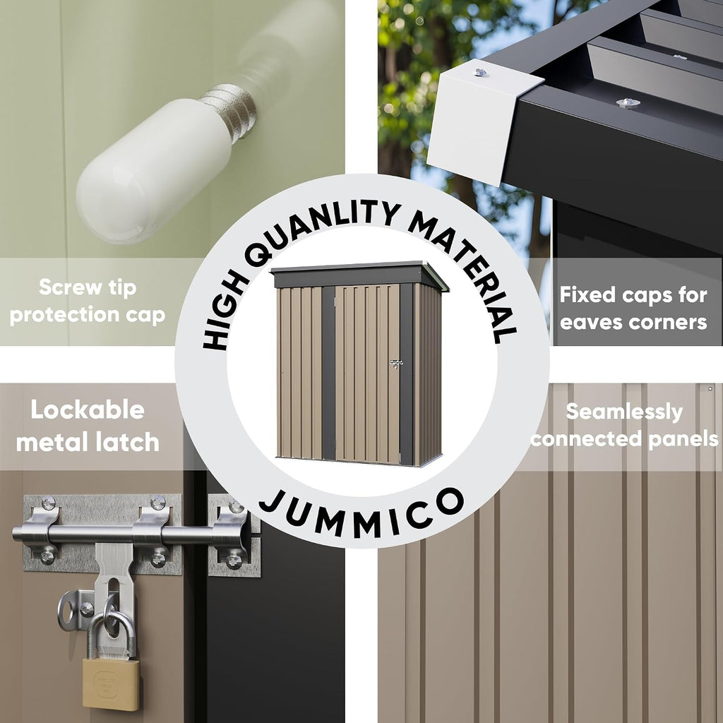 JUMMICO Metal Outdoor Storage Shed 5 x 3 FT Metal Shed with Lockable Door,Waterproof Garden Tool Shed Storage House for Backyard Patio Lawn, Brown