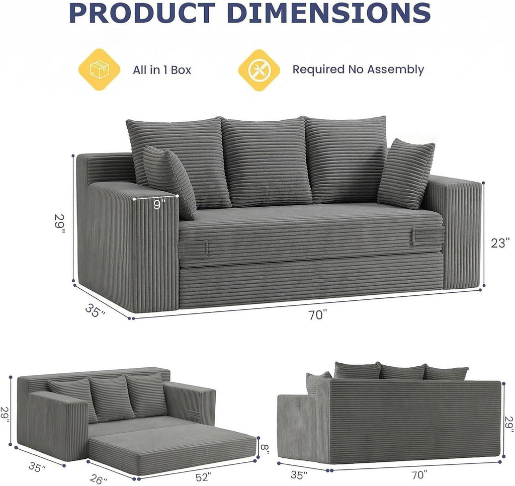 Boneless Couch for Living Room, 3 Seater Convertible Futon Sofa Bed Comfy Pull Out Couch with 5 Pillows & Detachable Washable Cover, Upholstered Floor Sofa in A Box, No Assembly Required, Grey