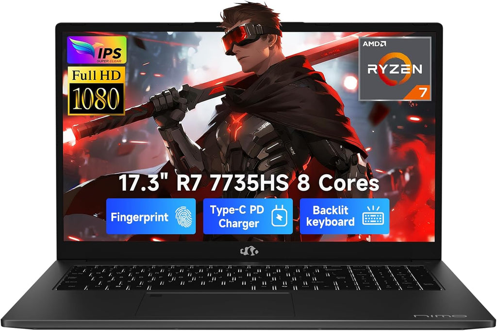 NIMO 17.3' FHD Gaming Laptop – AMD Ryzen 7 7735HS 8-Core/16-Thread, Radeon 680M Graphics, 16GB DDR5, 512GB NVMe SSD, Light Gaming & Esports Ready, Backlit Keyboard, Fingerprint Unlock, 100W PD Type-C