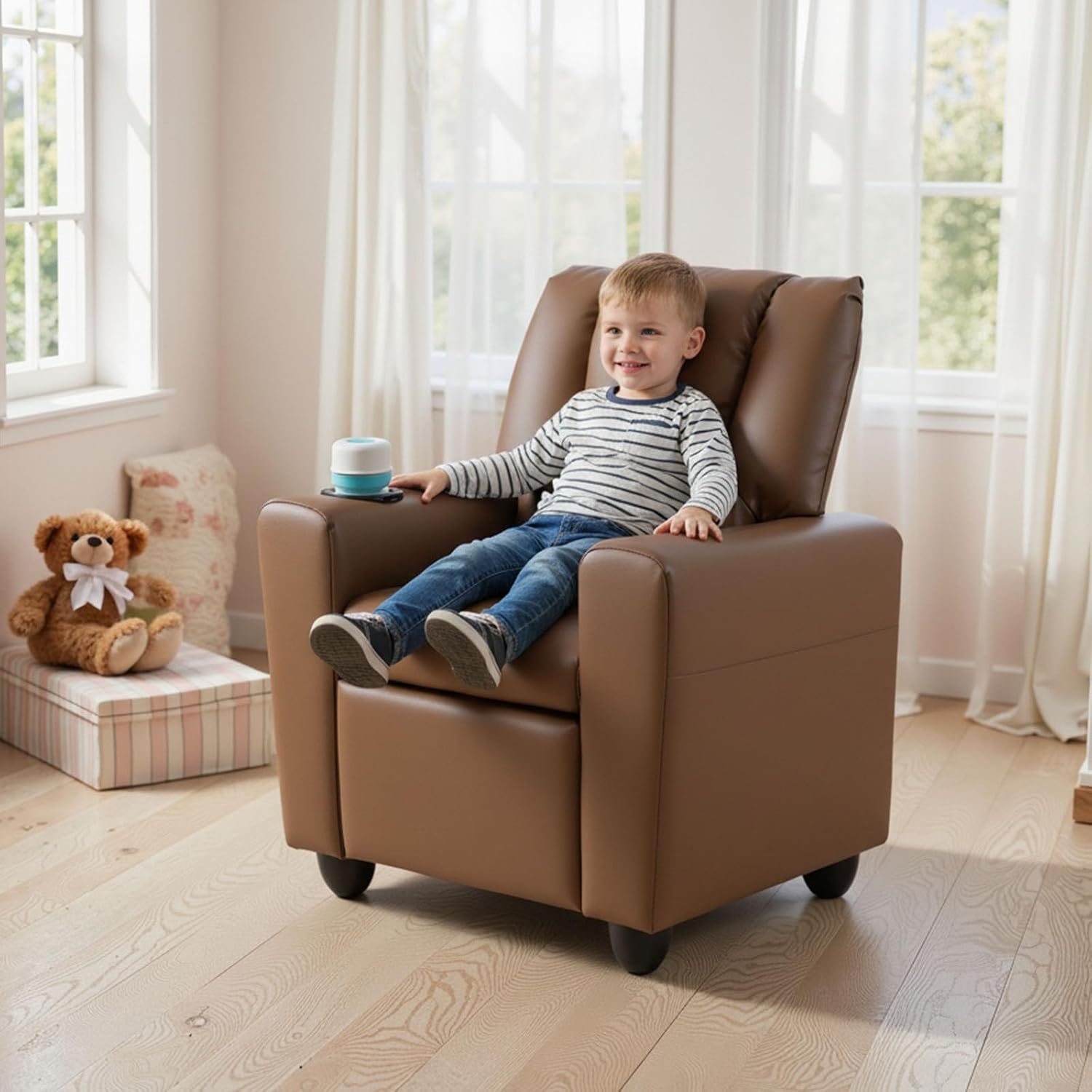 GLACER Kids Recliner with Cup Holder, PU Leather Toddler Lounge Chair w/Adjustable Backrest & Footrest, Spring-Loaded Seat Cushion, Push Back Toddler Sofa for Boys & Girls Ages 3+ Years Old (Brown)