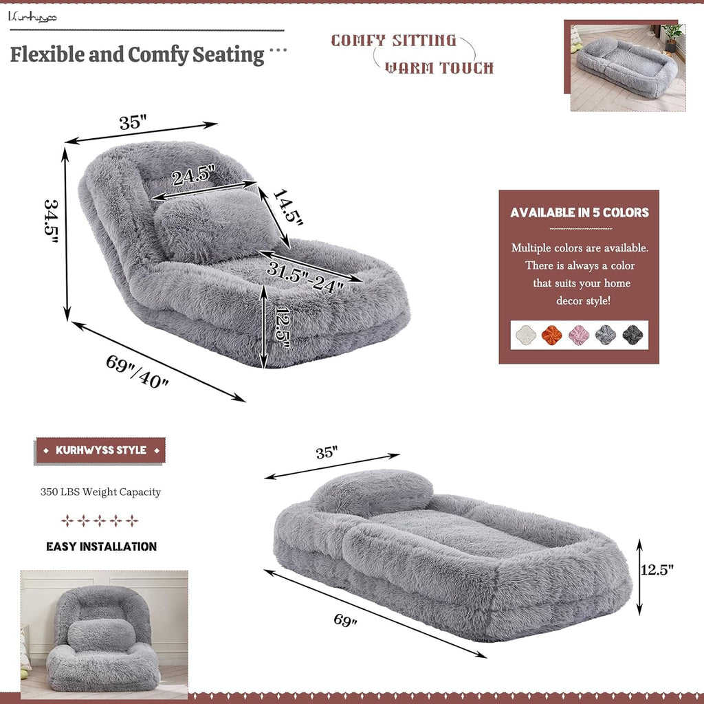 Upholstered Human Dog Bed for Adult & Pets, Convertible Lazy Sofa Bed with 5 Adjustable Position, Comfy Tatami Bean Bag Lounge Chair with a Soft Pillow for Bedroom Living Room (Light Gray Fluffy)