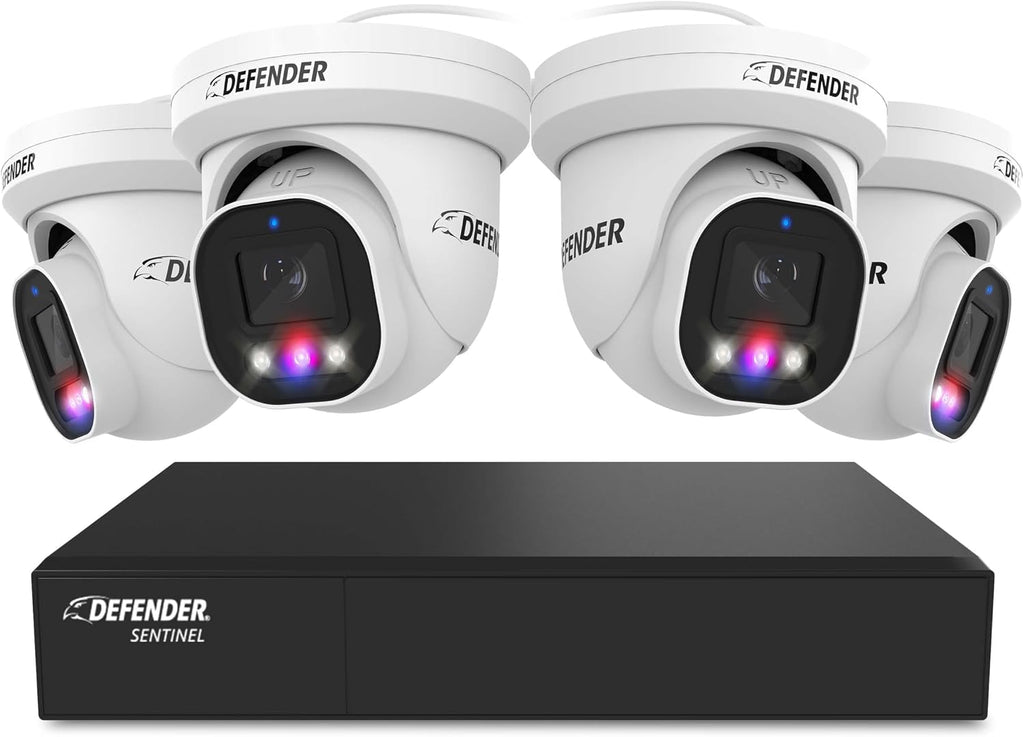 Defender AI Powered Sentinel Pro Turret 8CH NVR PoE Security Camera System, 4pc Metal Turret Cameras, 109° Wide Angle, IP66 Rated, Audio Recording, Web Viewing, 1TB HDD, Works w/Empower App