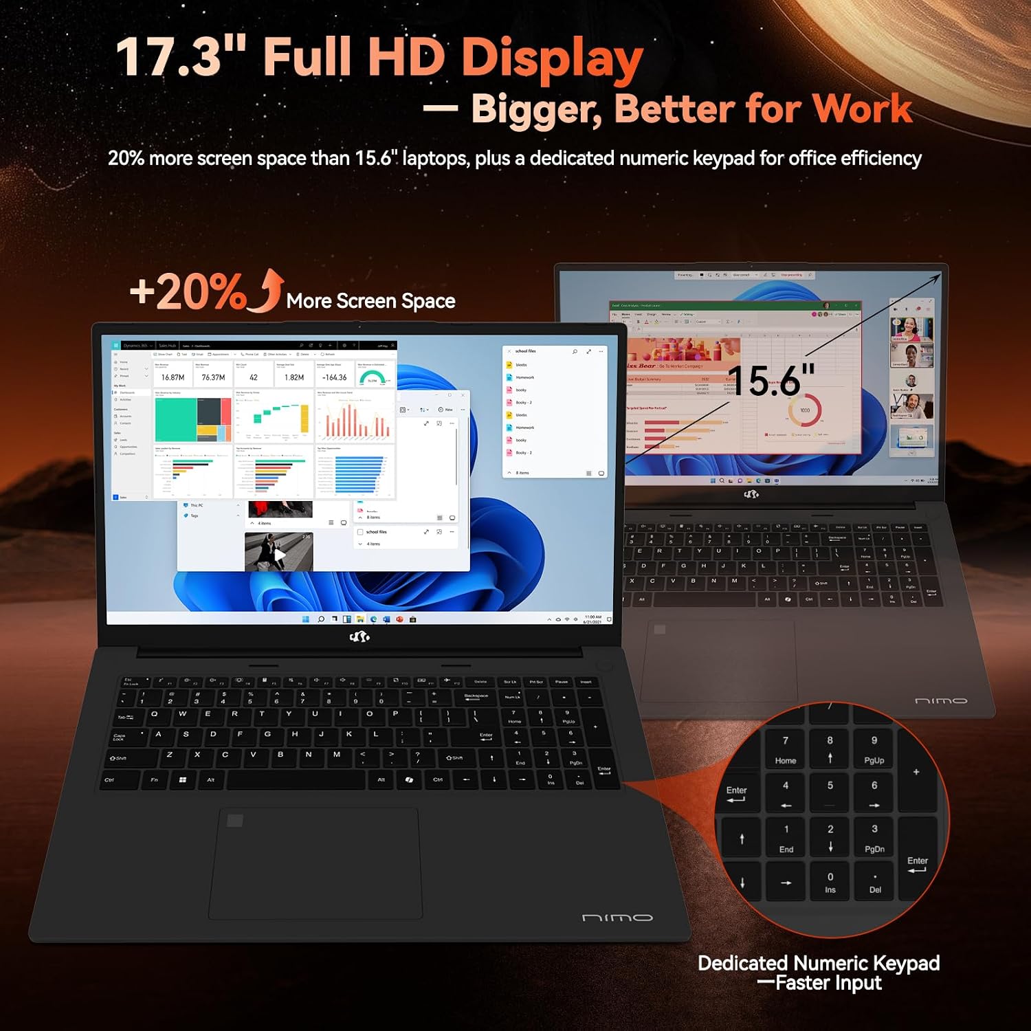 NIMO 17.3-Laptop, AMD Ryzen 7 7735HS (8C/16T) Radeon 680M, 64GB DDR5 RAM 1TB SSD, 100W PD Type-C Fast Charging, Wi-Fi 6E BT 5.2, Fingerprint Unlock, Backlit Keyboard for Business Student Light Gaming