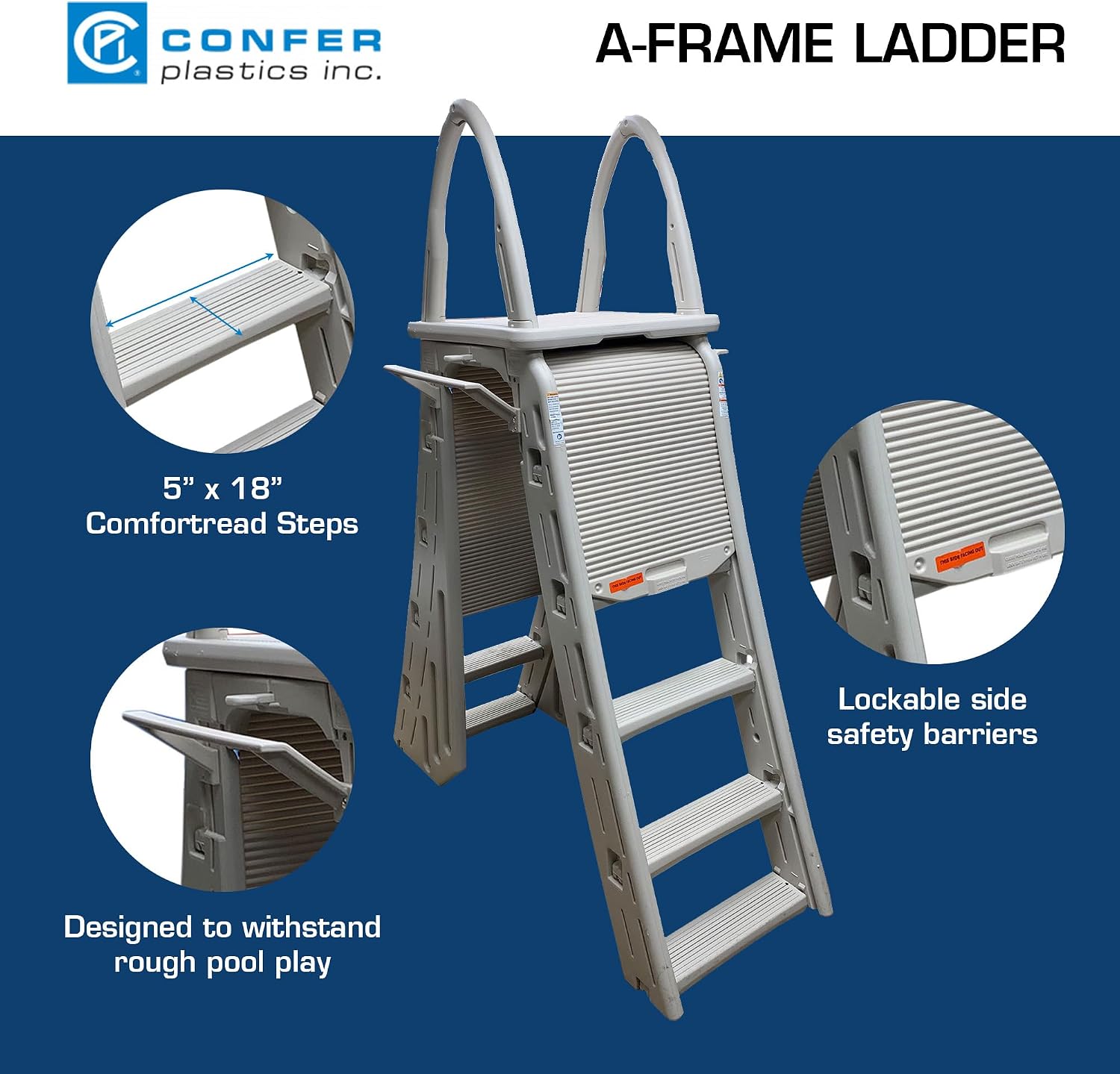 Confer Plastics 7200 Roll Guard 48' to 56' Adjustable A Frame Safety Ladder for Above Ground Outdoor Patio Swimming Pool Platform Ladder with Step Barrier, Warm Grey…