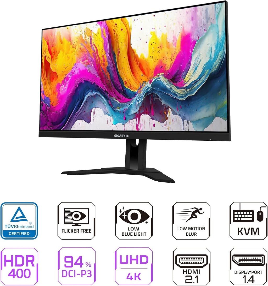 GIGABYTE M28U 28' 144Hz Gaming Monitor, 3840 x 2160 SS IPS Display, 1ms (GTG) Response Time, 9‎4% DCI-P3, VESA Display HDR400, FreeSync Premium Pro, 1x Display Port 1.4, 2X HDMI 2.1 (M28U-SA)