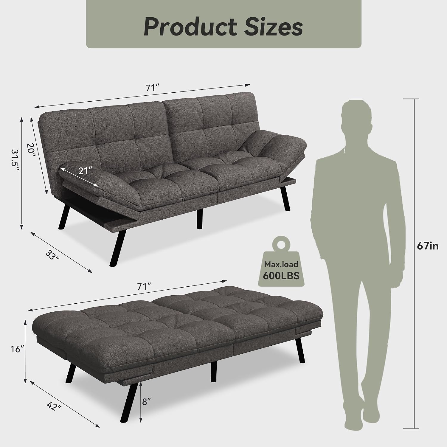 Convertible Futon Sofa Bed,71' Memory Foam Futon Couch,Detachable Cushion,Adjustable Backrest & Armrest,Linen Modern Loveseat Sleeper Recliner for Living Room,Office,Apartment,Classic Grey
