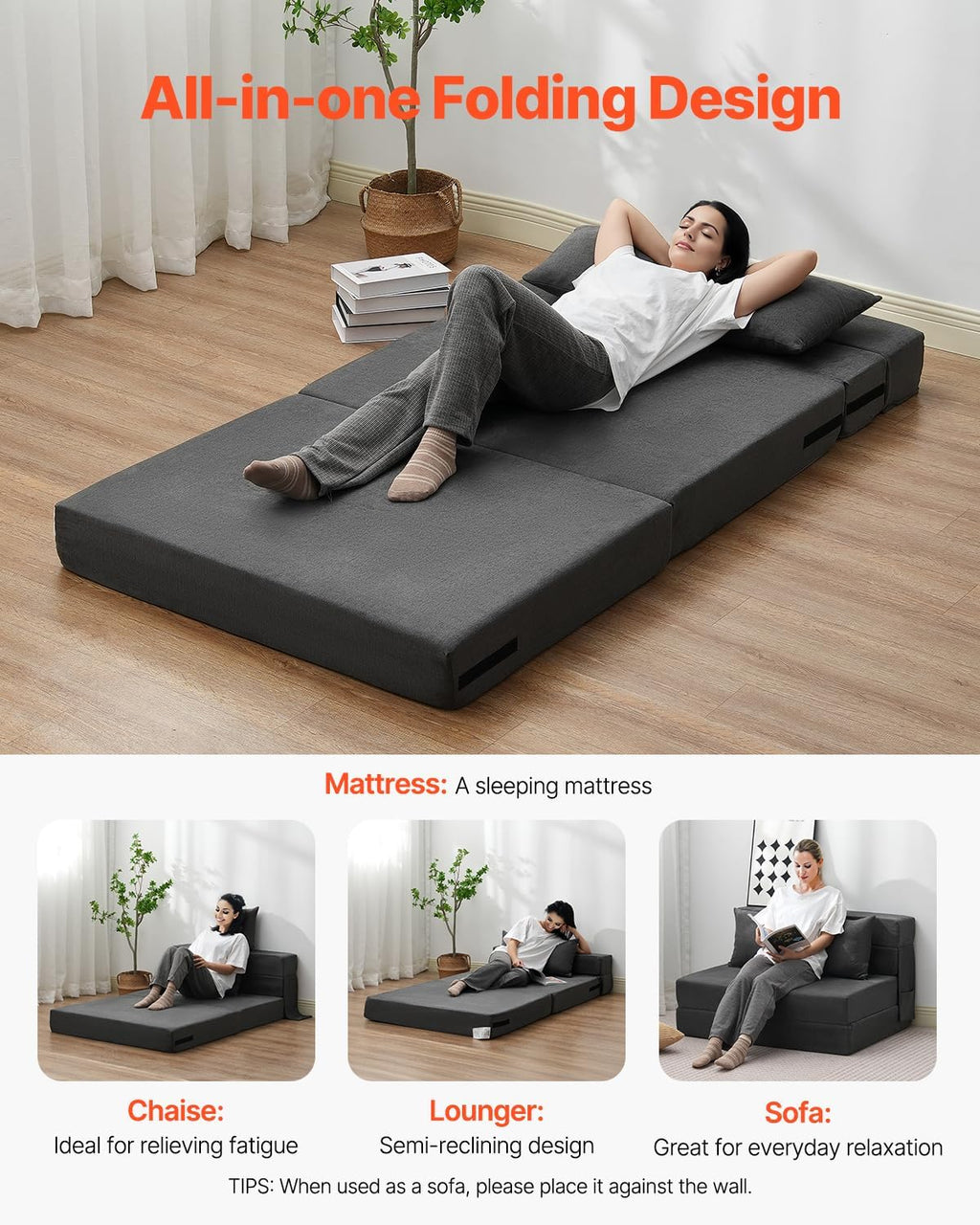 VEVOR Folding Sofa Bed, 3-in-1 Foldable Couch Bed with 2 Pillows and Washable Cover, 25D High Density Memory Foam Convertible Sleeper Chair Bed, Futon Couch for Living Room, Bedroom, Dark Grey(Twin)