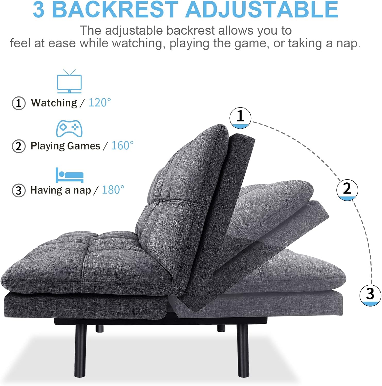 Opoiar Futon Convertible Sofa Bed With Memory Foam - Sleeper Loveseat, Breathable Linen, Adjustable Lounge Couch With Metal Legs for Compact Living Spaces, Dark Grey