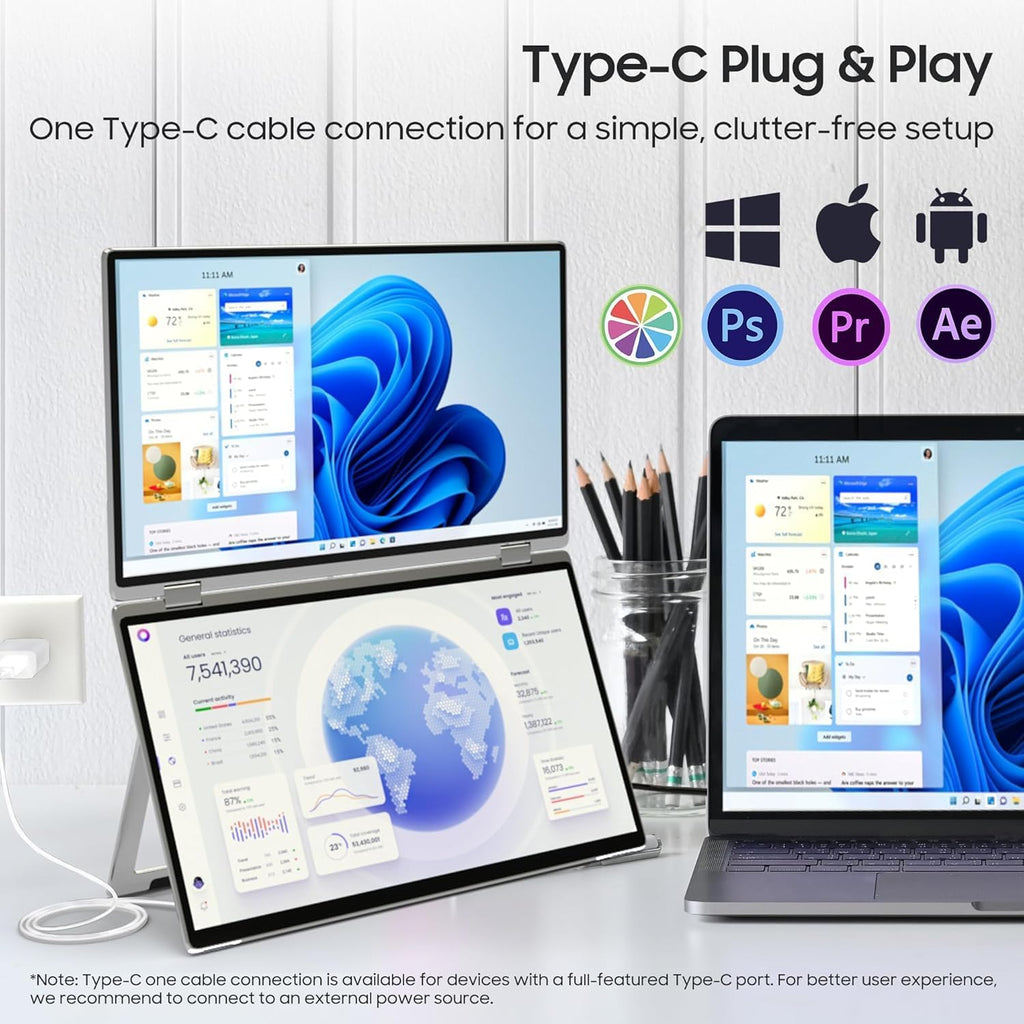 wisecoco 13.3'' Dual Touch Screen OLED Triple Monitor IPS FUD 1080P USB-C HDMI HDR Secondary Display Foldable Laptop PC Gaming Monitor 100% sRGB Windows Mac Android Plug&Play Flip S3+