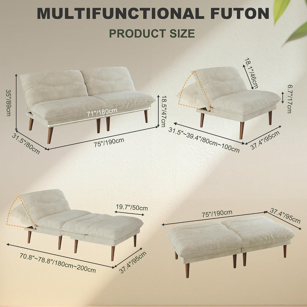 DreamDashio Futon Sofa Bed, 4 in 1 Multi-Functional Futon Couch with Adjustable Backrest, 75 inch Convertible Sleeper Sofa Bed and Recliner Lounge, Corduroy Loveseat for Living Room, Apartment, Beige