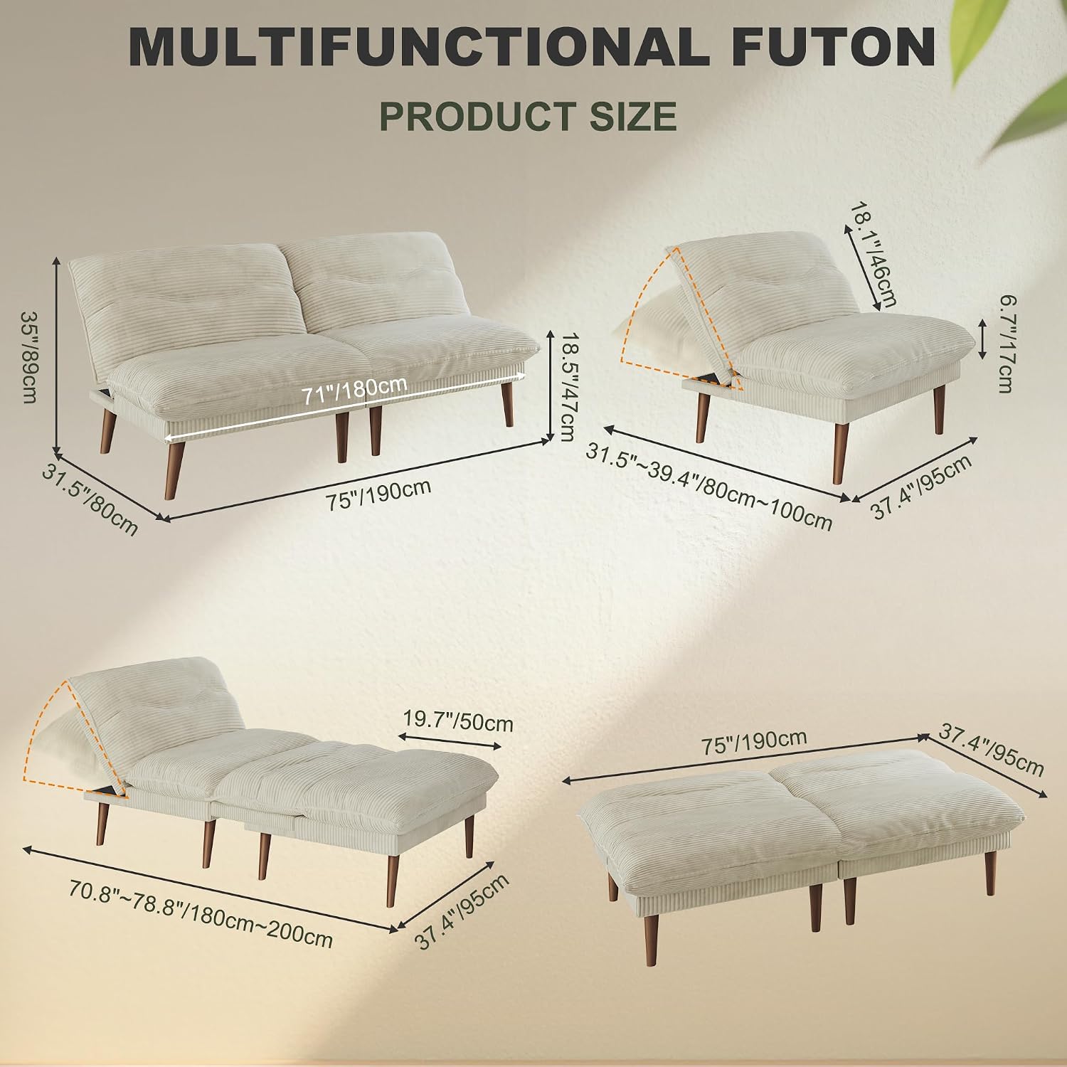 DreamDashio Futon Sofa Bed, 4 in 1 Multi-Functional Futon Couch with Adjustable Backrest, 75 inch Convertible Sleeper Sofa Bed and Recliner Lounge, Corduroy Loveseat for Living Room, Apartment, Beige