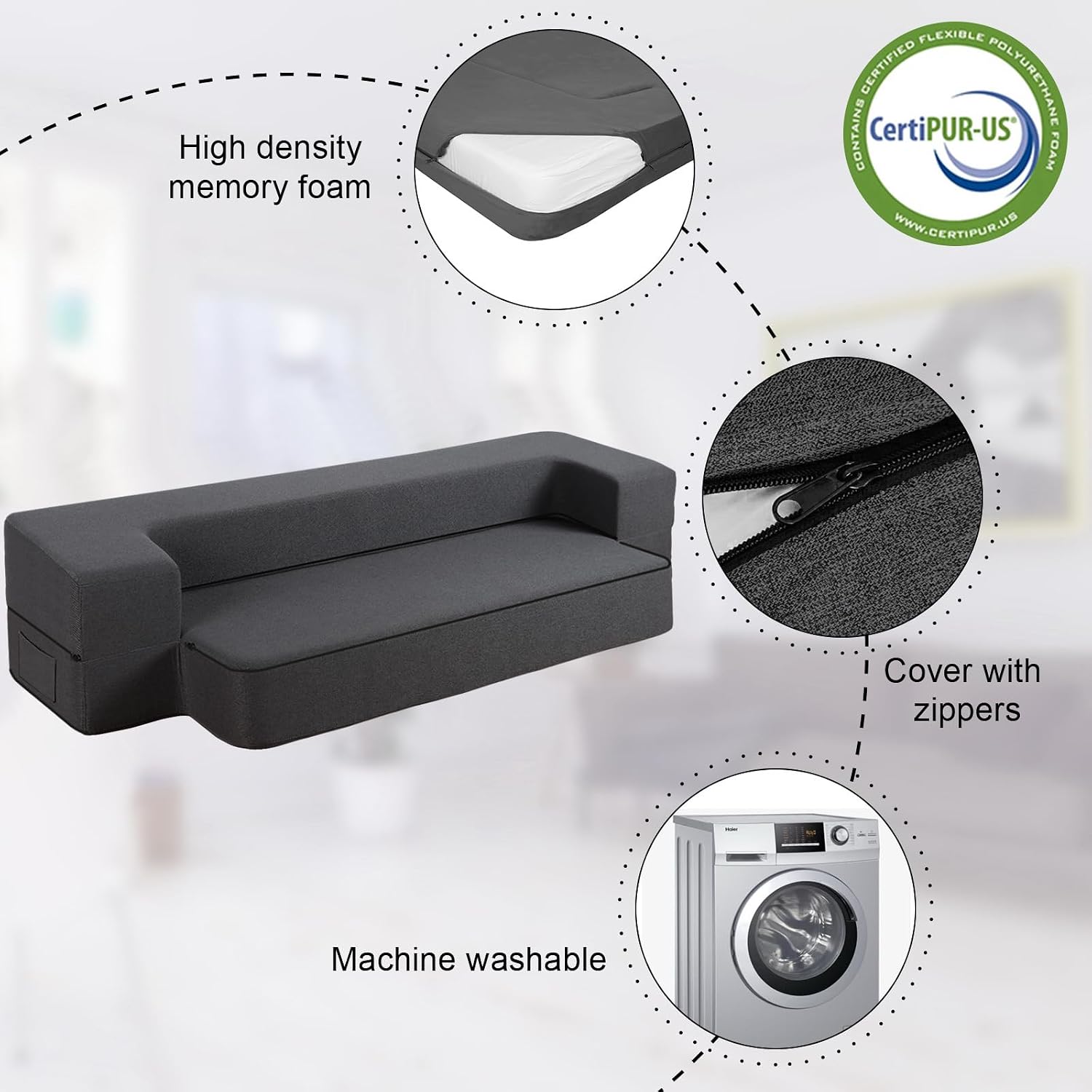 HonTop 10 Inch Modern Folding Sofa Bed Couch Memory Foam Couch Full Futon Sofa Sleeper Chair for Living Room Guest Mattress, Dark Grey
