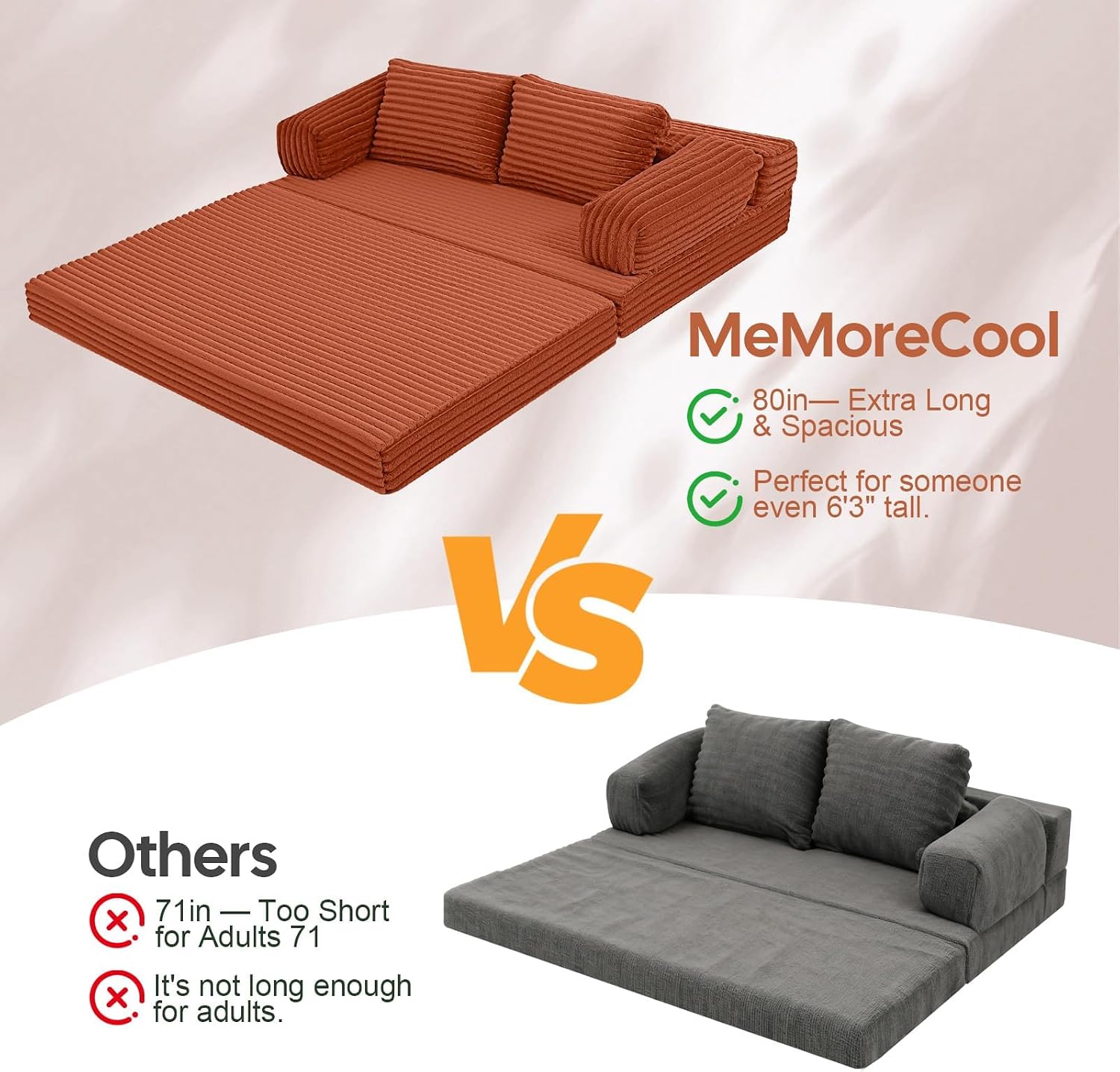 MeMoreCool Convertible Sofa Bed, Folding Floor Couch Bed Queen, Pull Out Sleeper Couch with Pillows, Fold Out Futon Sofa for Bedroom Living Room Small Space, Corduroy Orange