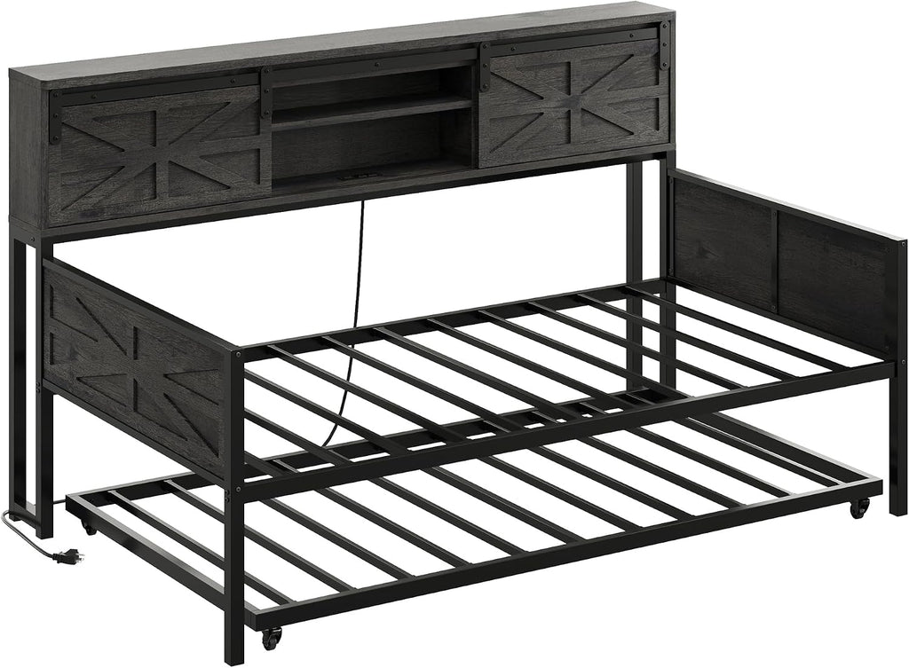 LIKIMIO Daybed with Trundle Bed, Sofa Bed Twin with Charging Station, with Storage Headboard & Strong Support, for Living Room, Bedroom and Guest Room, Charcoal Grey