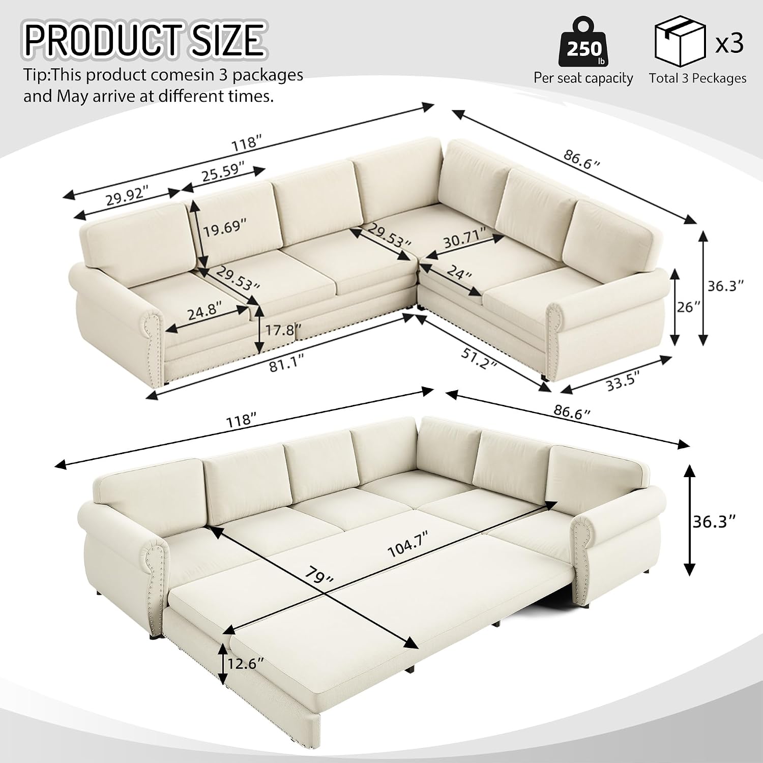 118' L-Shaped Sleeper Couch Bed - Oversize Convertible with Pull-Out Sofa Bed, Button Tufted Chesterfield Sofa, Chenille Sectional Vintage Couches for Living Room/Apartment(6-Seater, Beige)