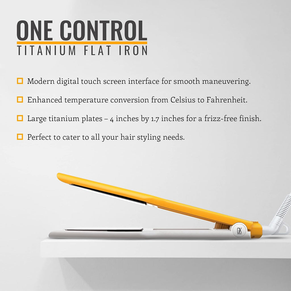GK HAIR Global Keratin Easy Control Titanium Styling Flat Iron 360 Degree Swivel Cord Auto Shutoff Professional Straightener Digital Touch Screen Large Titanium Plates Adjust 90C-232C - All Hair Types