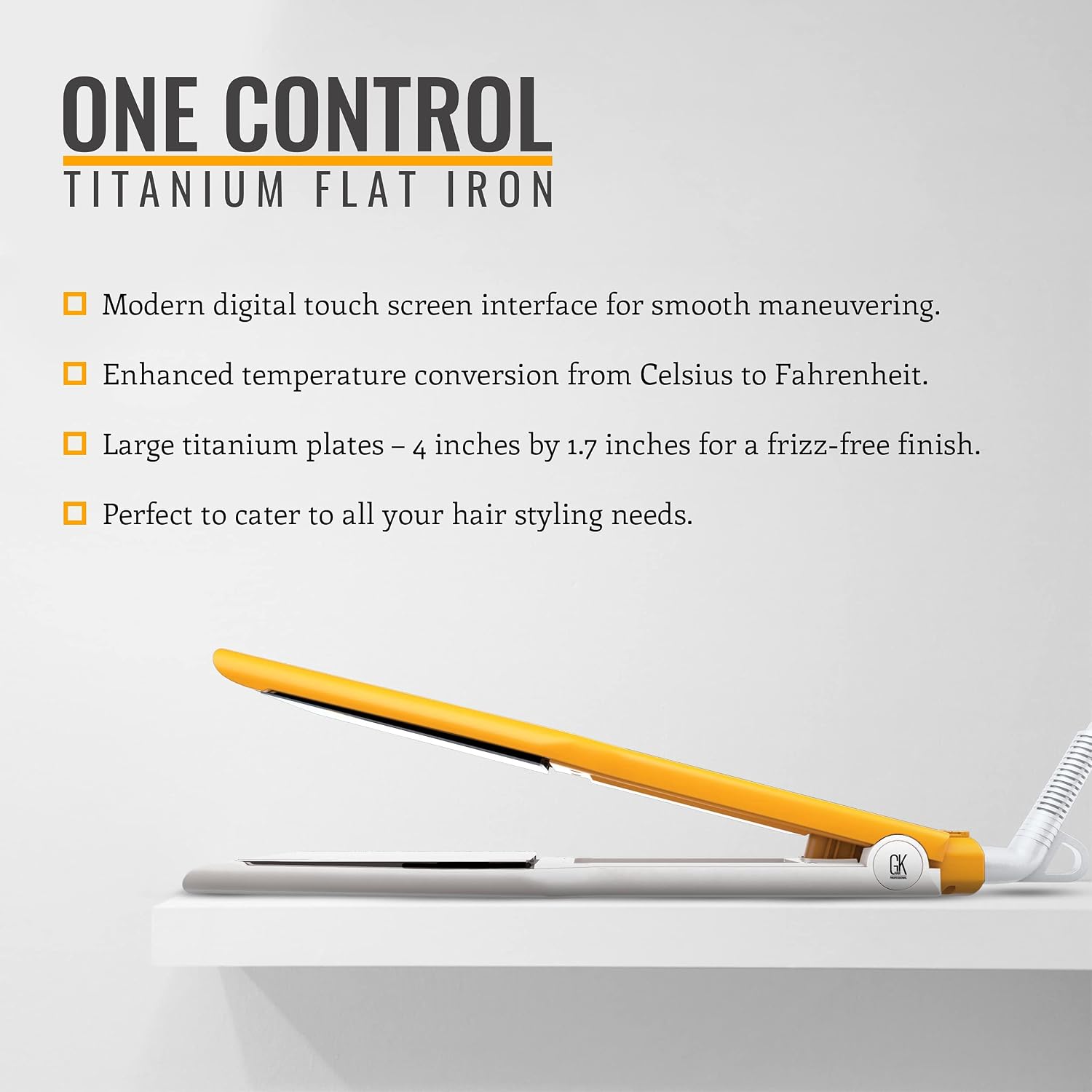 GK HAIR Global Keratin Easy Control Titanium Styling Flat Iron 360 Degree Swivel Cord Auto Shutoff Professional Straightener Digital Touch Screen Large Titanium Plates Adjust 90C-232C - All Hair Types