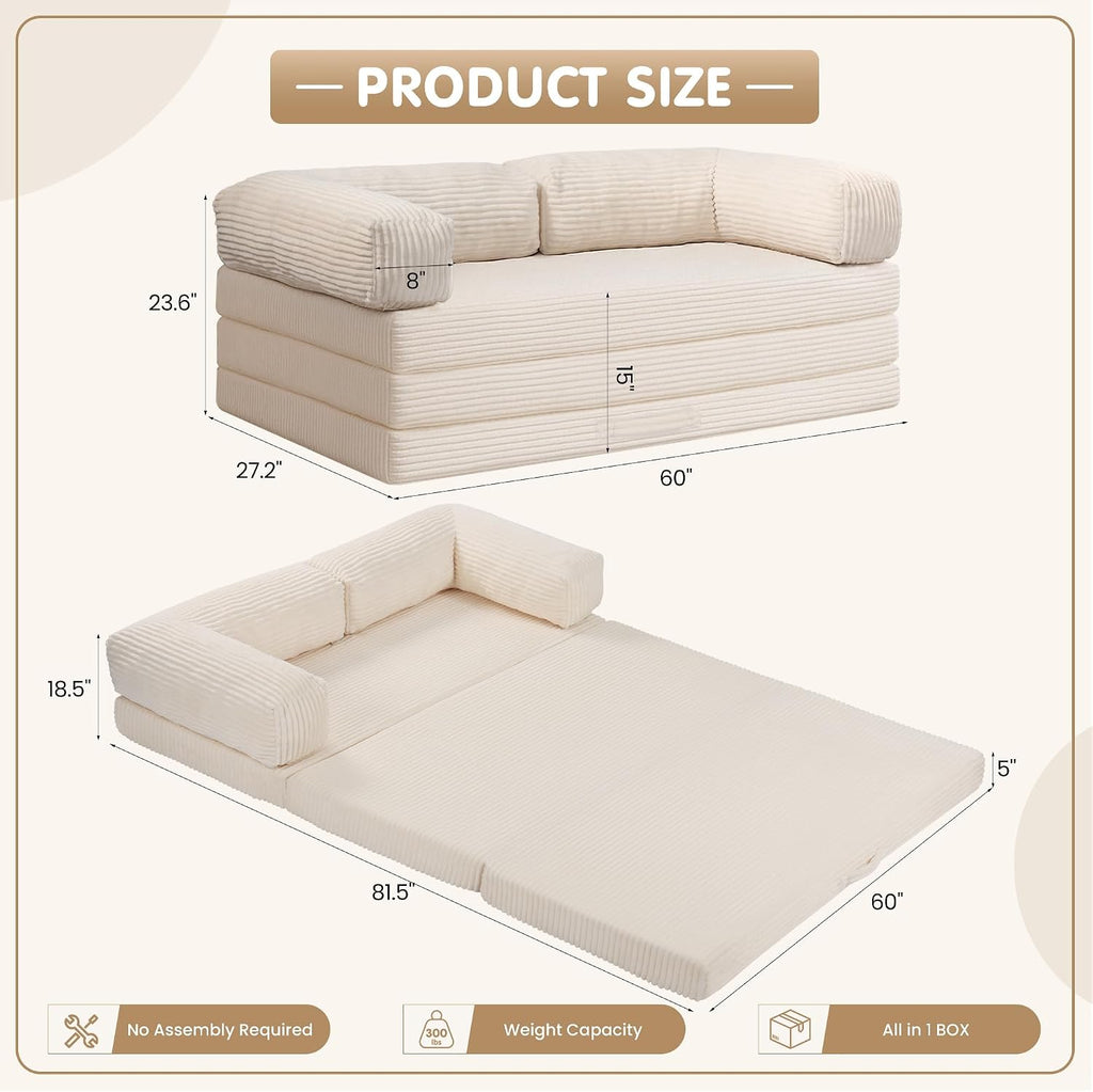 5-in-1 Convertible Sofa Bed Queen,Tri-Fold Mattress with Removable L-Shaped Armrests,Corduroy Boneless Couch Floor Sofa Futon Couch Sleeper with Pull Out Bed for Living Room Bedroom Apartment