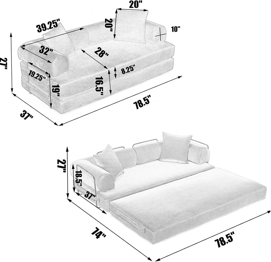 Convertible Folding Sofa Bed, Modular Floor Sofa with Removable Backrest, 3-Seater Fold Out Couch Bed with Pillows, King Size Futon Lazy Couch Corduroy Sleeper for Living Room, Dorm, Dark Pink