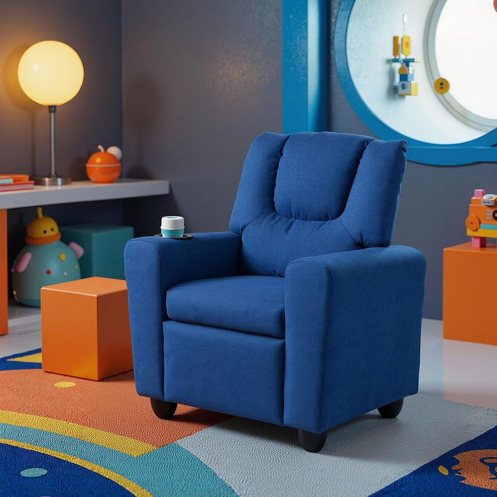GLACER Kids Recliner with Cup Holder, Fabric Toddler Lounge Chair w/Adjustable Backrest & Footrest, Spring-Loaded Seat Cushion, Push Back Toddler Sofa for Boys & Girls Ages 3+ Years Old (Blue)