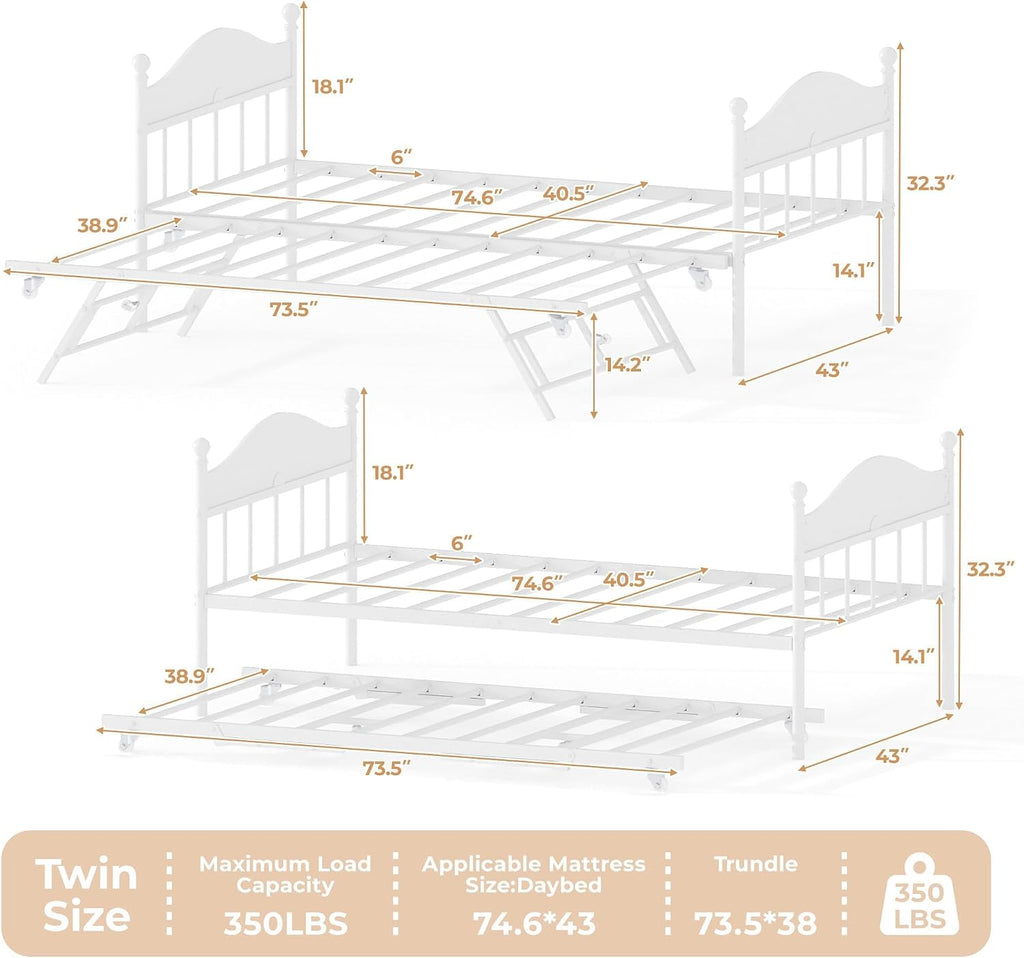Daybed with Trundle, Metal Twin Size Day Bed with Stylish Headboard, Sofa BedFrame with Pop Up Foldable Trundle Bed, Heavy Duty Steel Slats Platform for Living Room, Bedroom and Guest Room, White