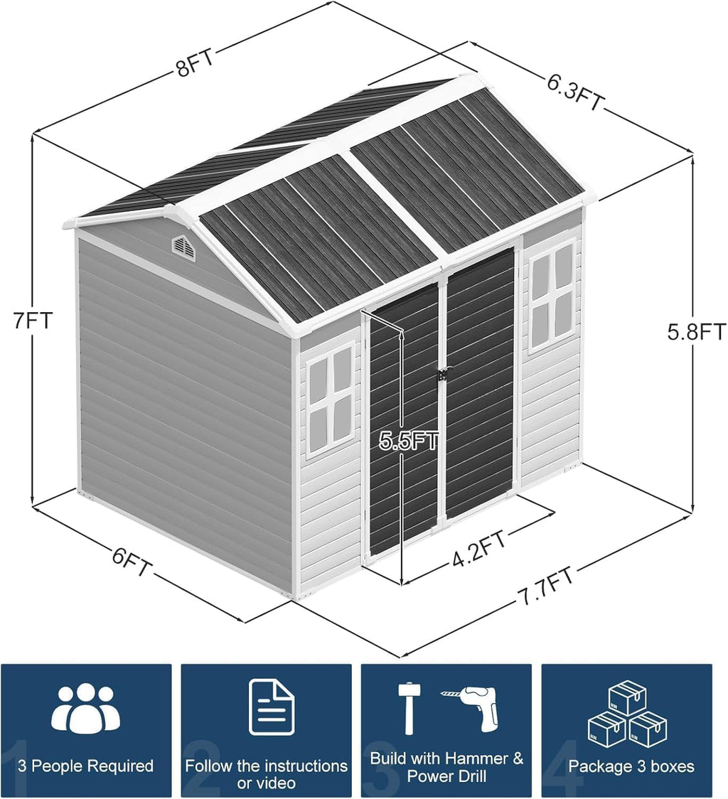 Restland 8x6 FT Resin Storage Shed with Floor Large Outdoor Shed Waterproof Plastic Garden Sheds for Patio, Backyard, Lawn