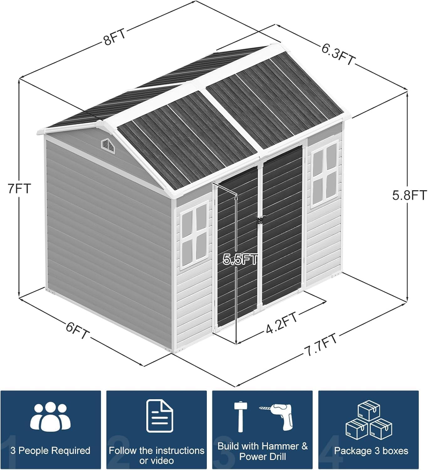 Restland 8x6 FT Resin Storage Shed with Floor Large Outdoor Shed Waterproof Plastic Garden Sheds for Patio, Backyard, Lawn